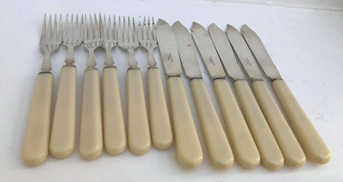 Fish Flatware Forks 12 Boxed Seafood Cutlery Silver Plated Bands, Stainless Steel And Ivorine Table Holiday Dinner Wedding Gift photo vintage