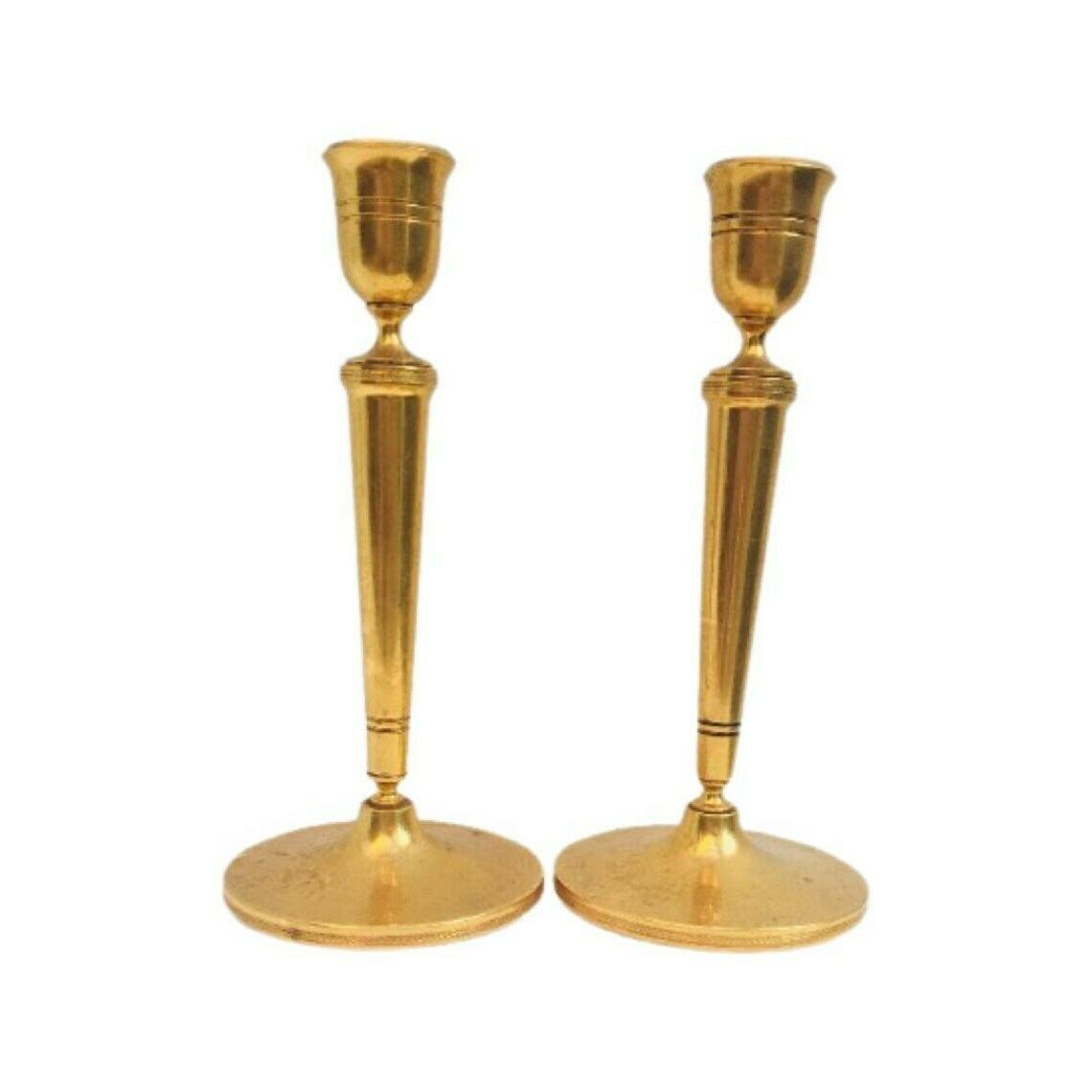 Golden Candlestick Pair Of Heavy Cast Golden Art Deco Candle Holder Holiday Orfèvrerie Delheid Hollywood Regency Wedding Decor Gold Accent