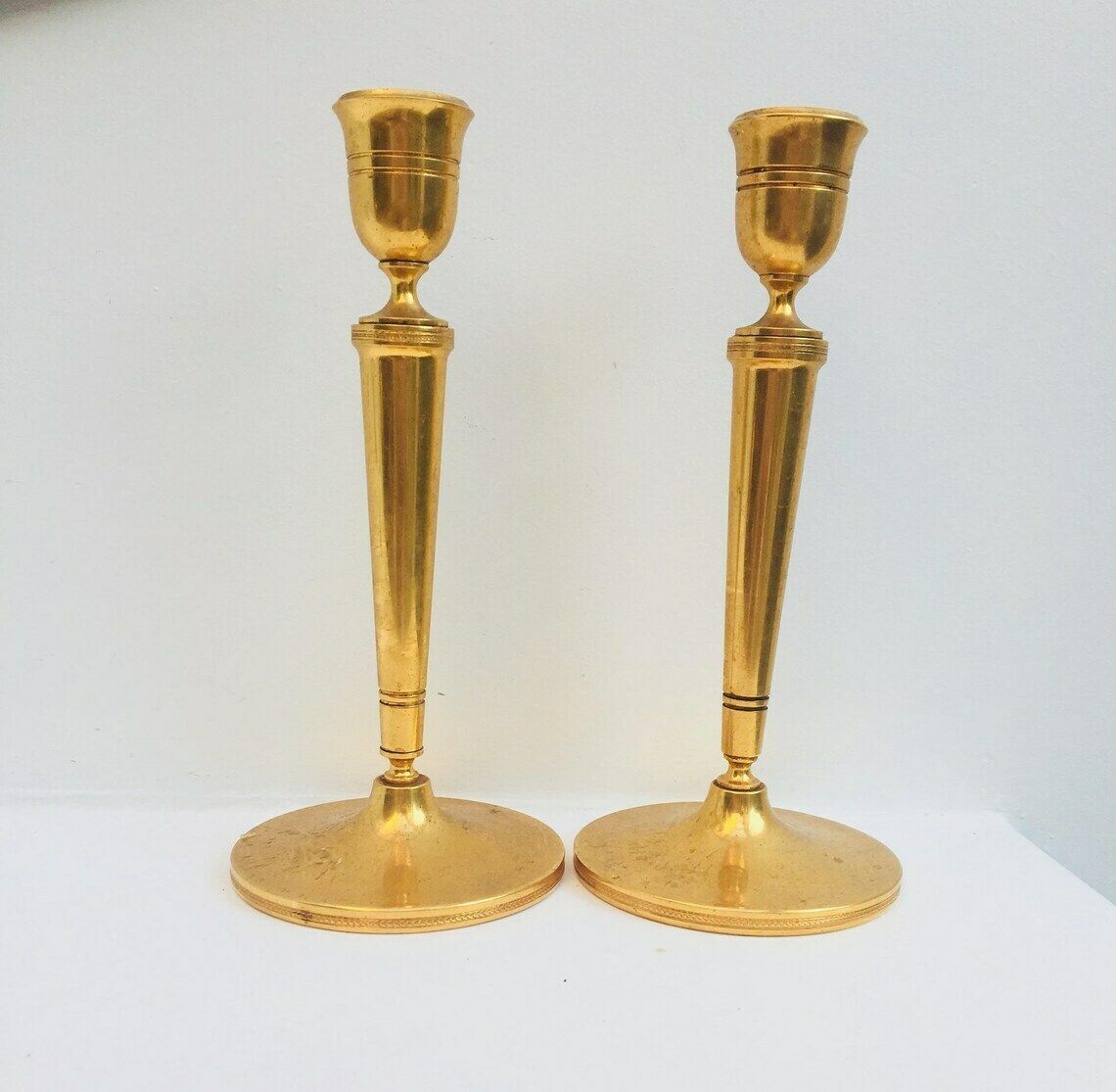 Golden Candlestick Pair Of Heavy Cast Golden Art Deco Candle Holder Holiday Orfèvrerie Delheid Hollywood Regency Wedding Decor Gold Accent photo for sale