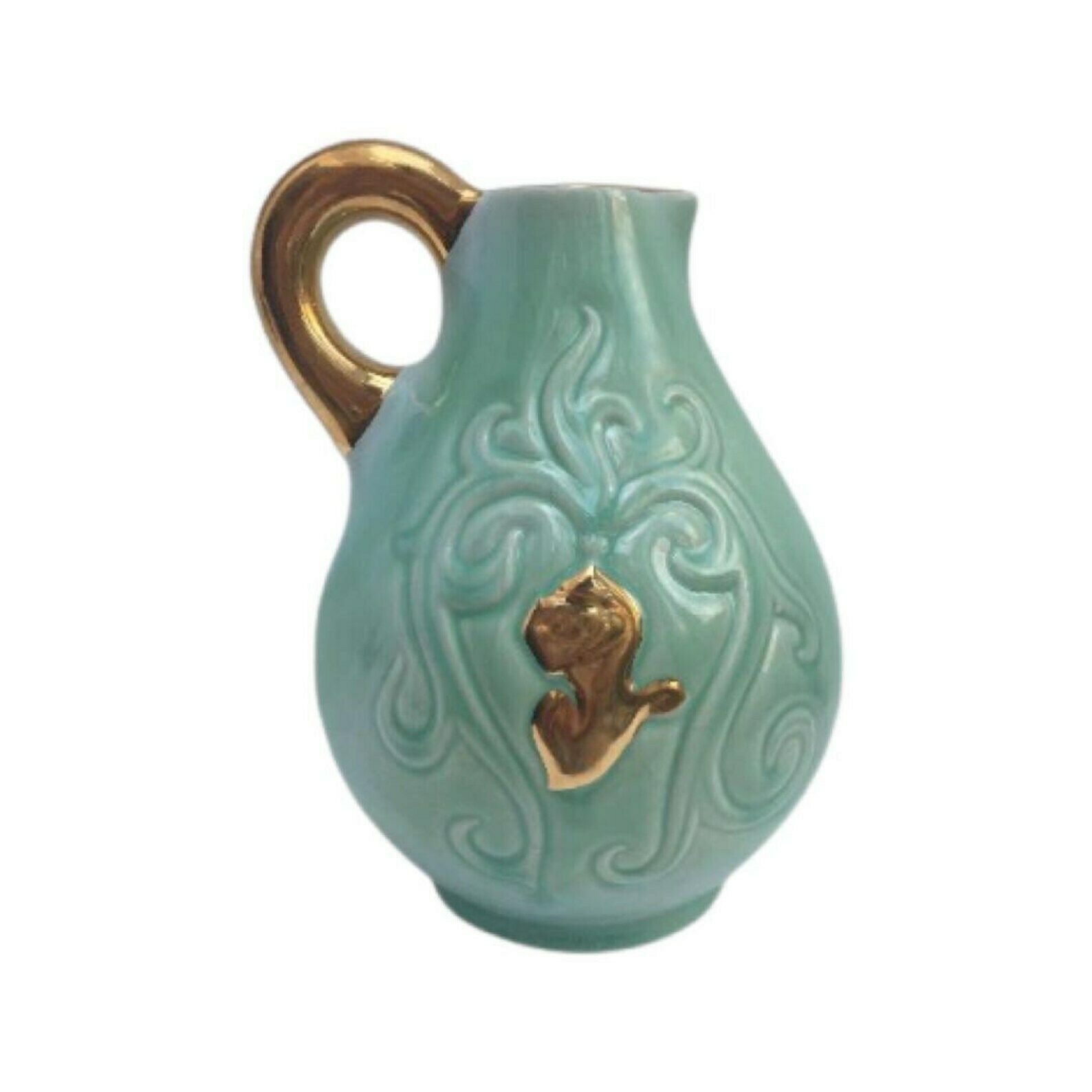 Ceramic Pitcher, Green Mint And Gold Signed By Alexandre De Wemmel (1909   64) Mid Century Belgian Pottery Vase Turquoise Golden Handle