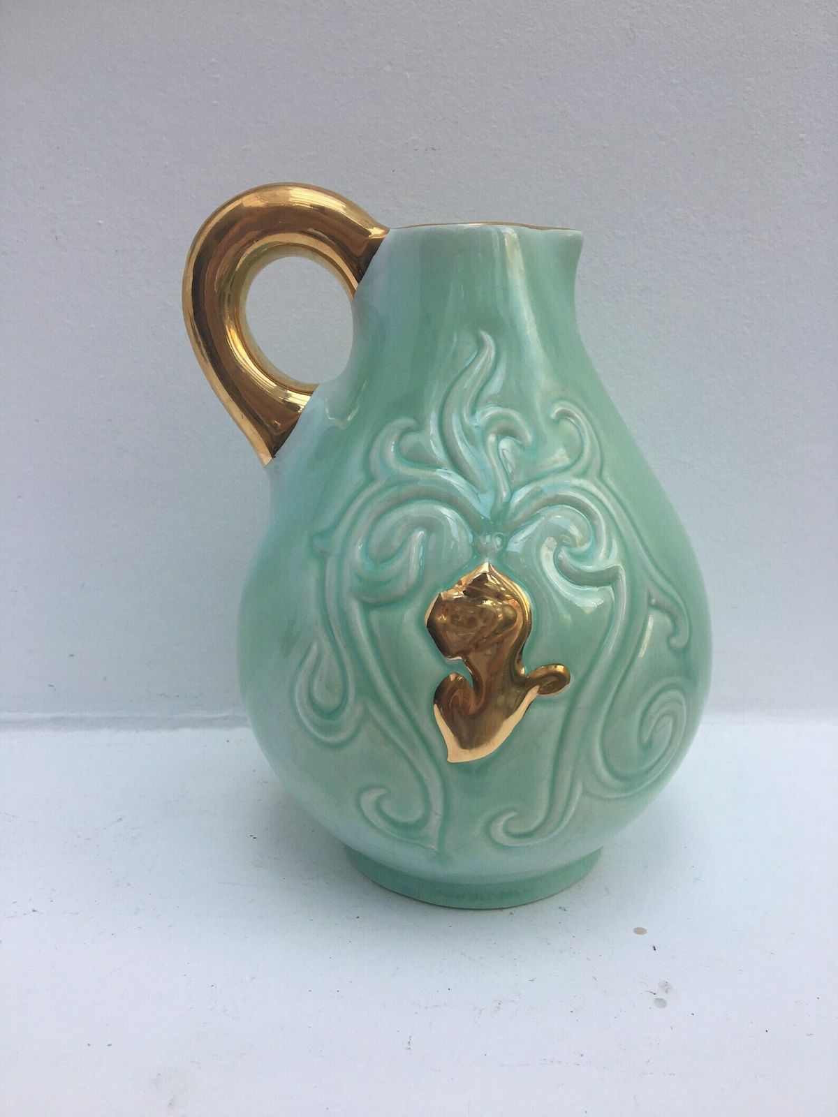 Ceramic Pitcher, Green Mint And Gold Signed By Alexandre De Wemmel (1909   64) Mid Century Belgian Pottery Vase Turquoise Golden Handle photo Home Decor