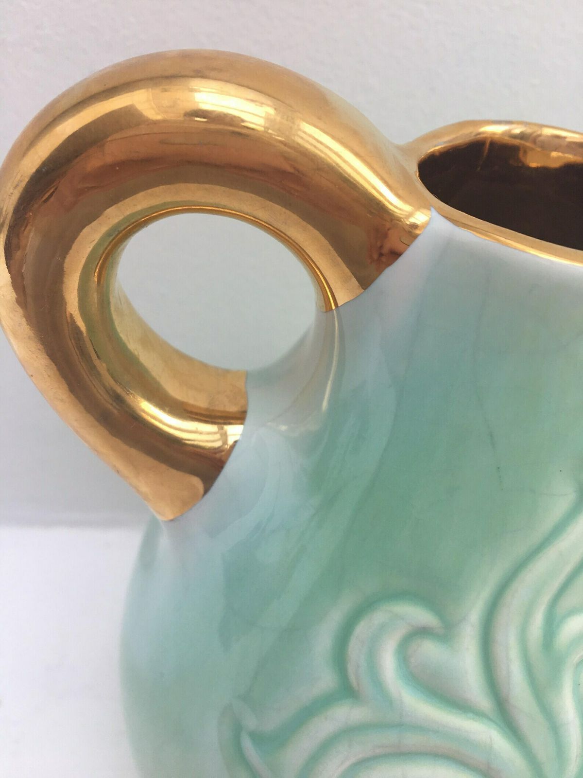 photo furniture Ceramic Pitcher, Green Mint And Gold Signed By Alexandre De Wemmel (1909   64) Mid Century Belgian Pottery Vase Turquoise Golden Handle