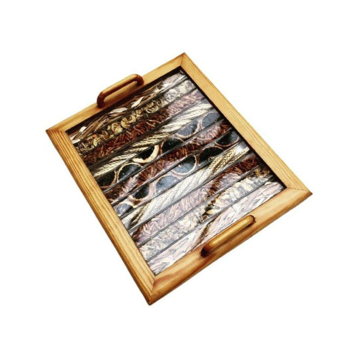 Dry Flower Grain Serving Tray Wooden And Acrylic Dried Flower Art Vintage 80s Boho Chic Decor Rustic Home