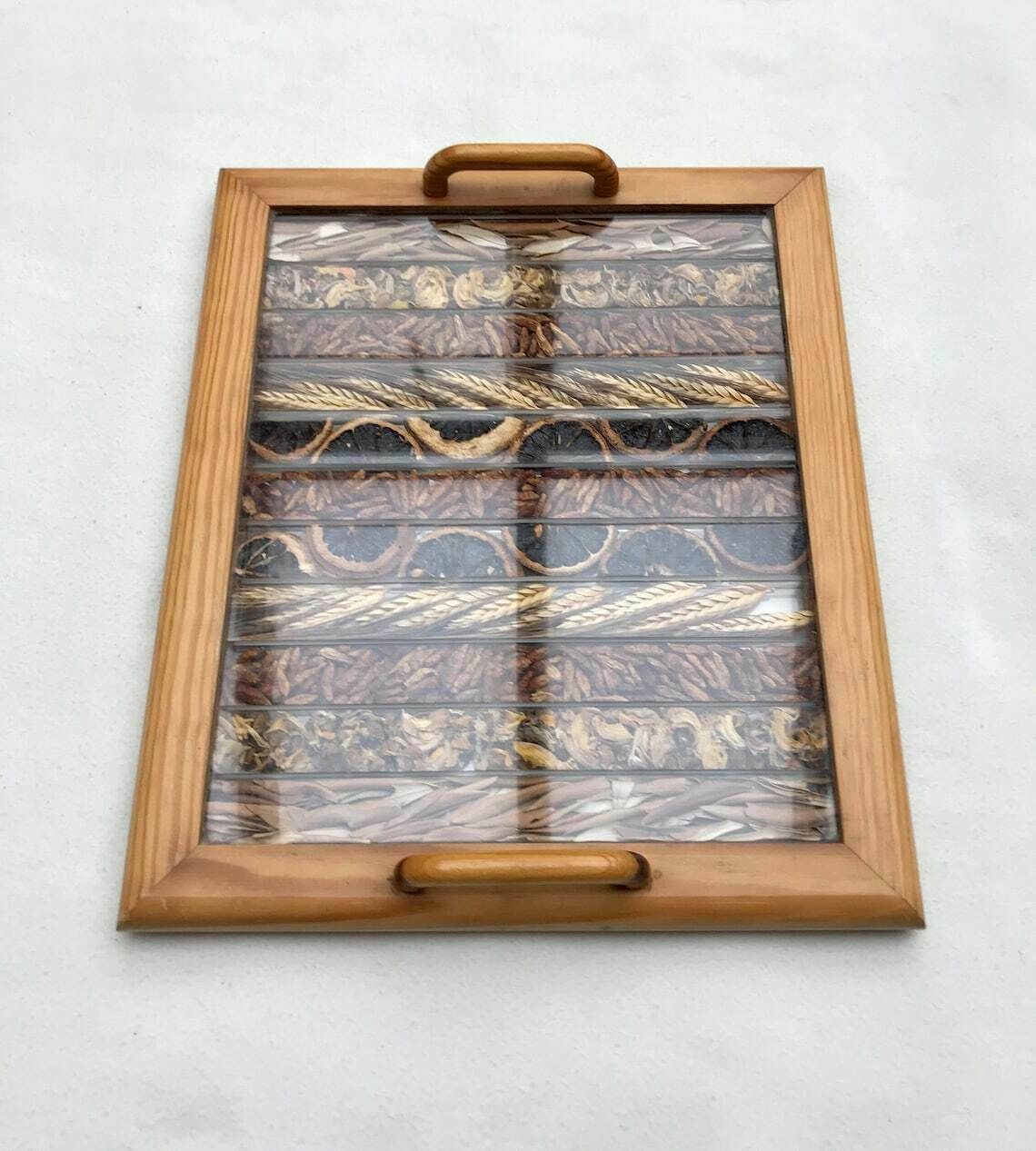 Dry Flower Grain Serving Tray Wooden And Acrylic Dried Flower Art Vintage 80s Boho Chic Decor Rustic Home photo furniture