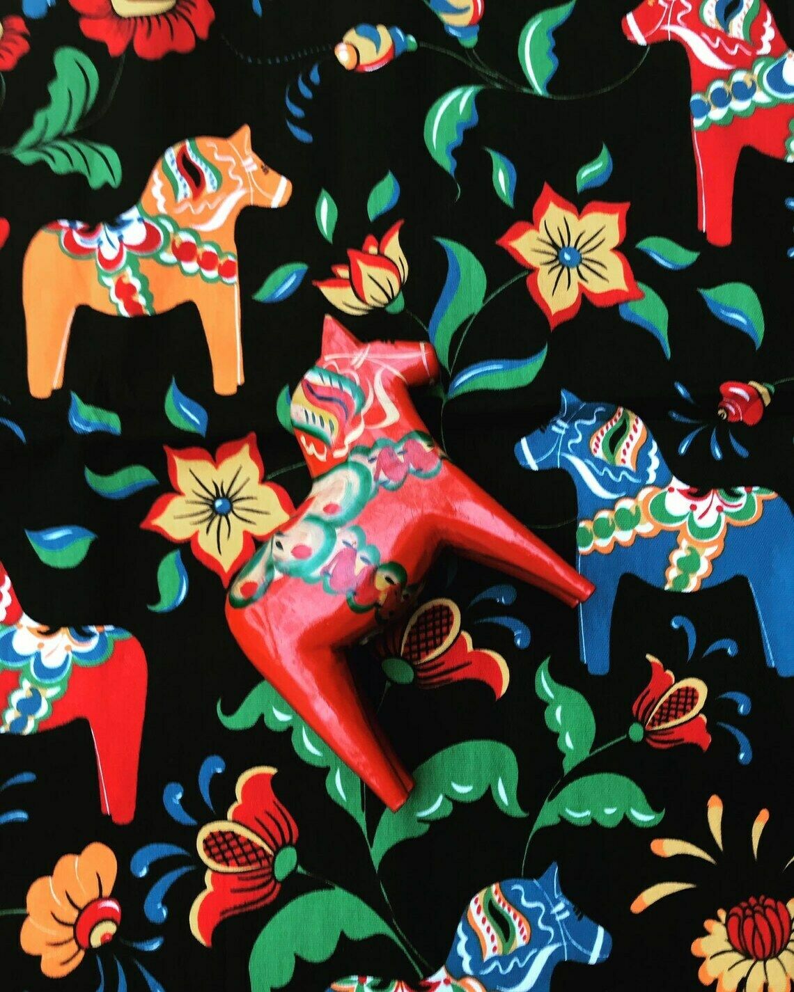 Dala Horse Wooden Figurine Swedish Nils Olsson 17 Cm Original Sticker With Fabric Scandinavian Hand Painted Scandinavian Design Red Wood