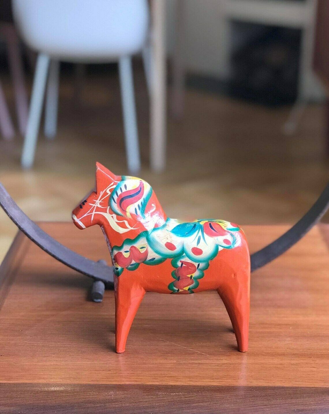 Dala Horse Wooden Figurine Swedish Nils Olsson 17 Cm Original Sticker With Fabric Scandinavian Hand Painted Scandinavian Design Red Wood photo Home Decor
