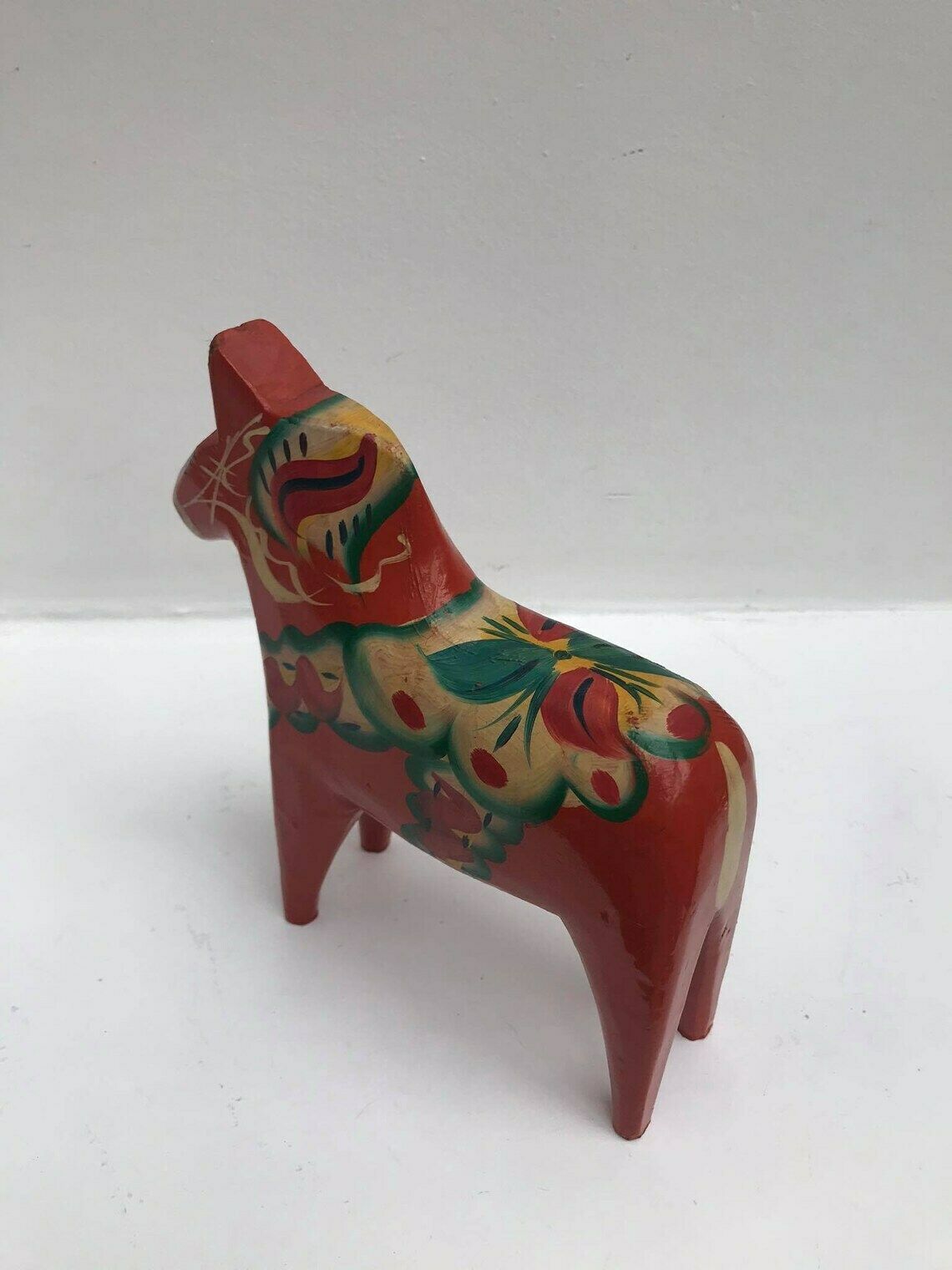 photo for sale Dala Horse Wooden Figurine Swedish Nils Olsson 17 Cm Original Sticker With Fabric Scandinavian Hand Painted Scandinavian Design Red Wood