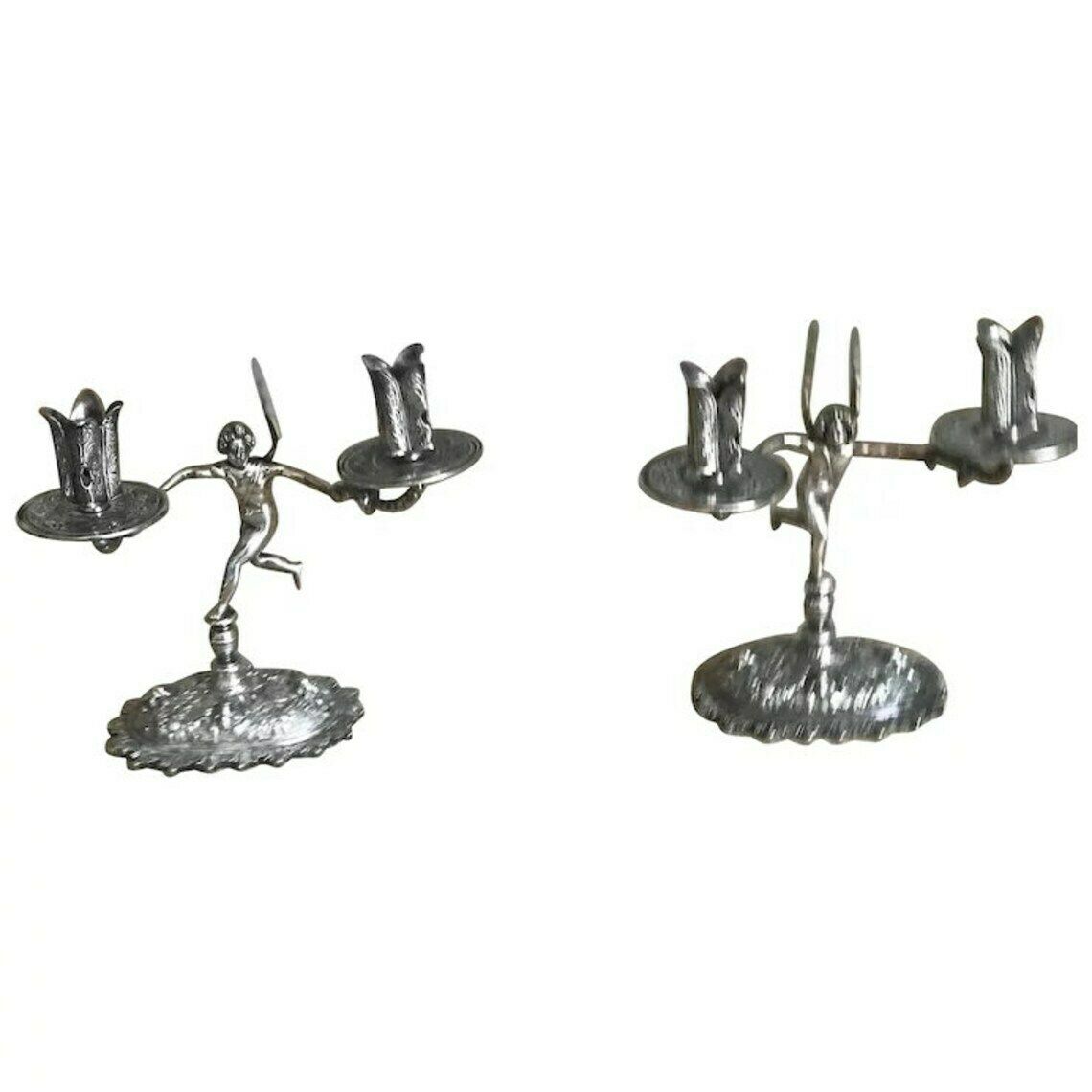 Pair Silver Plated Chandeliers Antique Candlestick Holder Cherubs Putti Angels, XIX Century French Napoleon III Romantic Decor Luxury Gift