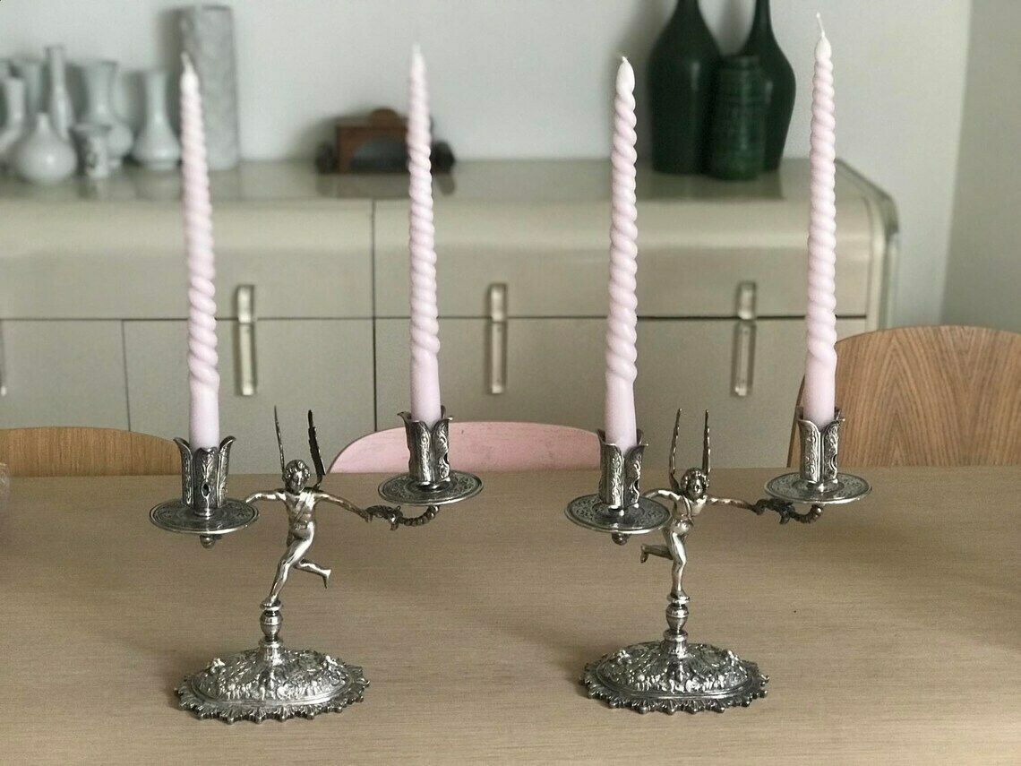 Pair Silver Plated Chandeliers Antique Candlestick Holder Cherubs Putti Angels, XIX Century French Napoleon III Romantic Decor Luxury Gift photo Home Decor