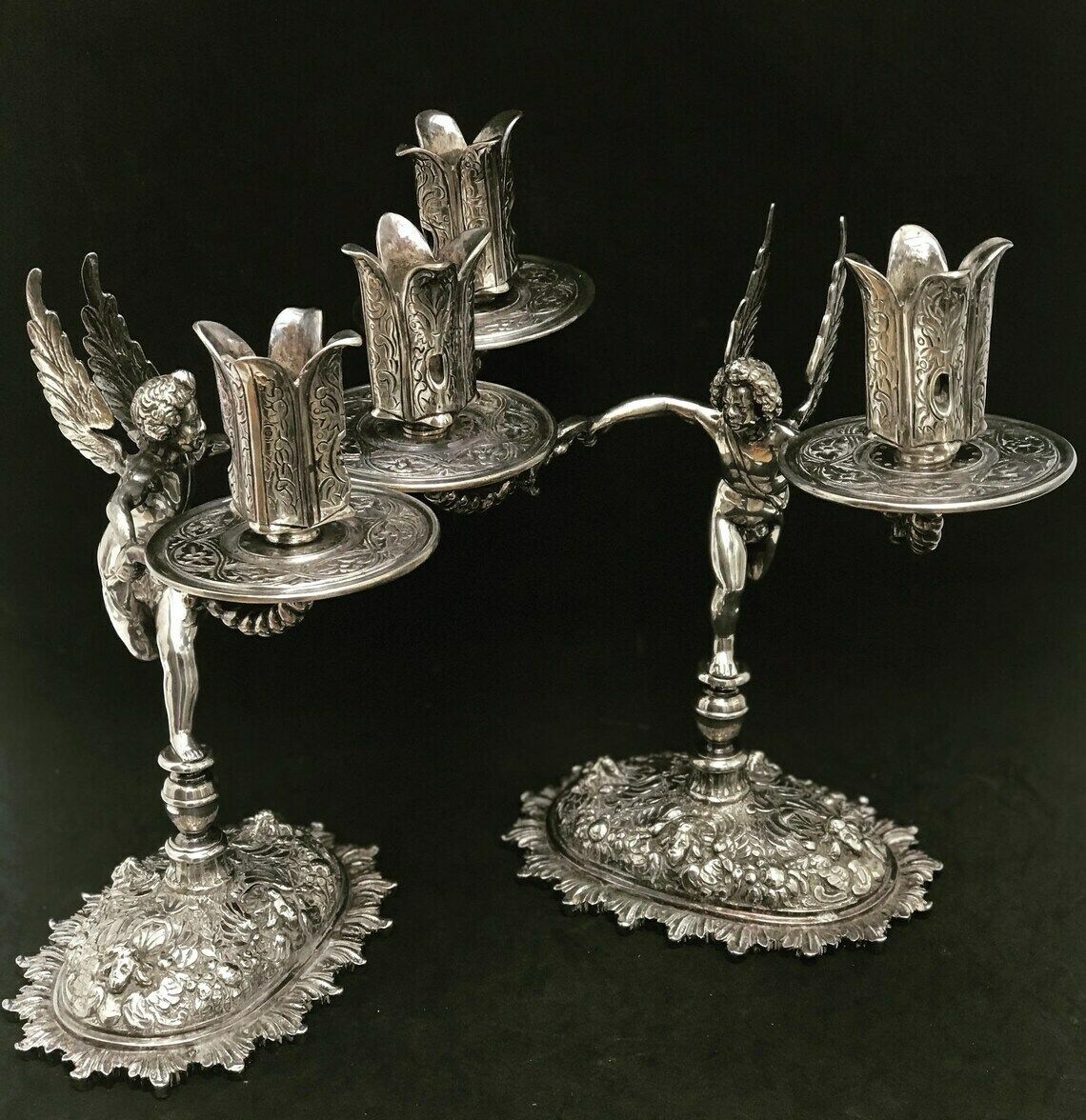 photo furniture Pair Silver Plated Chandeliers Antique Candlestick Holder Cherubs Putti Angels, XIX Century French Napoleon III Romantic Decor Luxury Gift