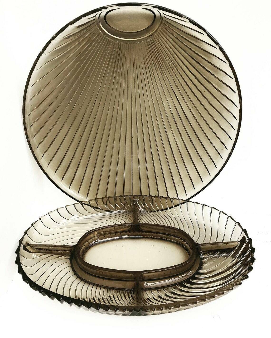 Gerookt glas – 2 schalen, geperst glas, mid-century, brede ronde schaal, ovale vintage schaal, hapjesbord, tafel, kerst