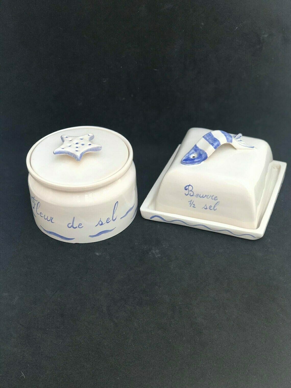photo for sale Butter Dish With Lid And Salt Covered Box Handmade Blue And White Decor Salt Butter Fleur De Sel Glazed Earthenware Fish Kitchen Coast