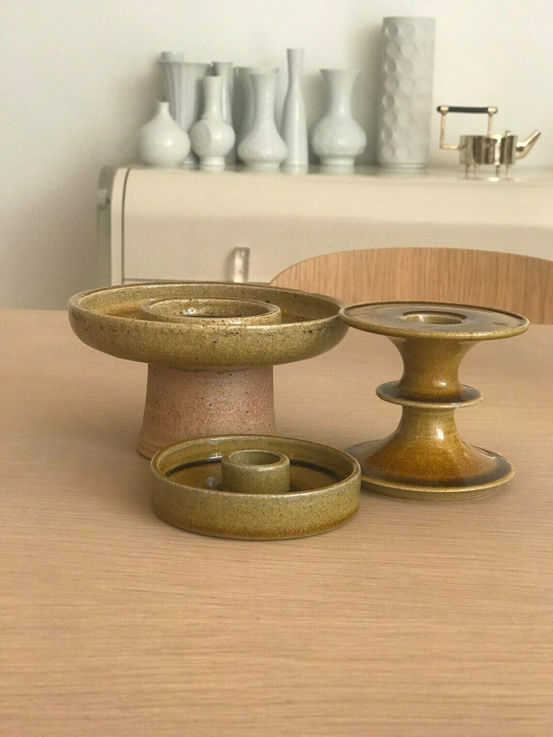 Set Kaarsenhouders – Geglazuurd Keramiek – Deens Design – Nils Kahler – Oker – Kähler – Kaarsenhouders – Waxinelichthouders – Jaren 1970 – Mid Century Modern – Minimalistisch photo 350.0