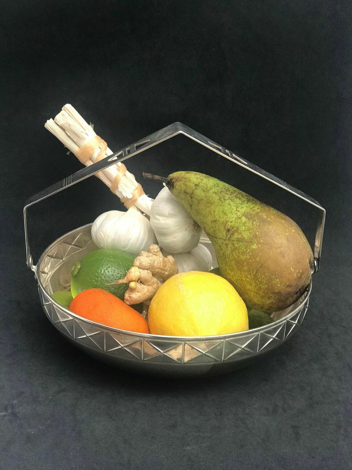 photo furniture Art Deco Scandinavian Fruit Basket, Metal Bowl With Handle, Silver Plated, 1940. Fruit Basket, Centerpiece, Danish Bowl, 1940s