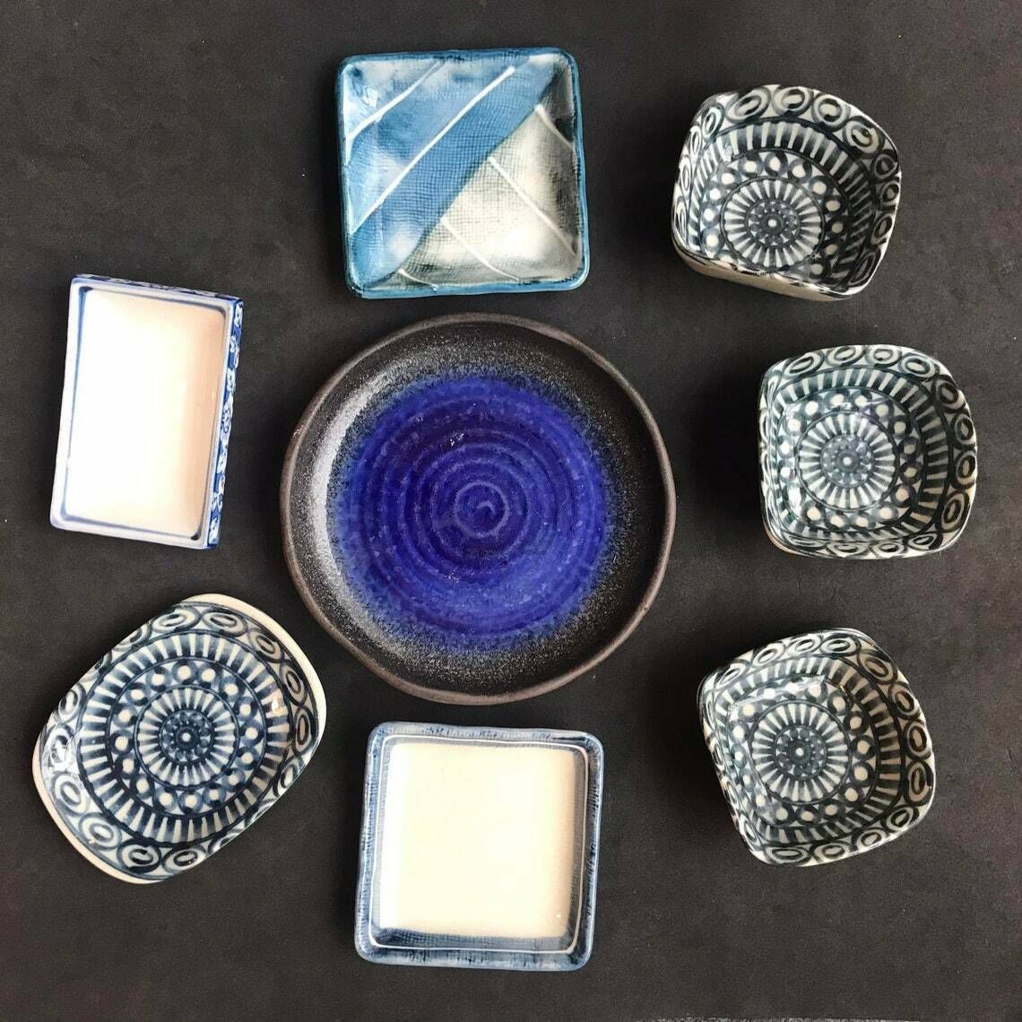 Japanese Bowls Plates Set Serving Sauce Dish, Dinner Sashimi Plate Asian Food Dish Blue Ceramic Porcelain Fish Serving Tray