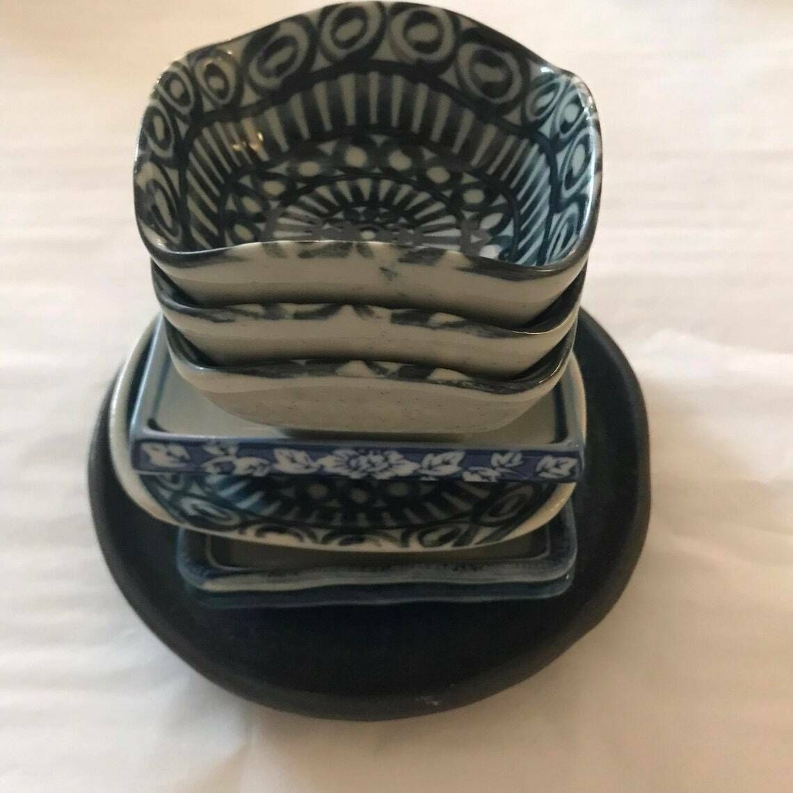 Japanese Bowls Plates Set Serving Sauce Dish, Dinner Sashimi Plate Asian Food Dish Blue Ceramic Porcelain Fish Serving Tray photo for sale