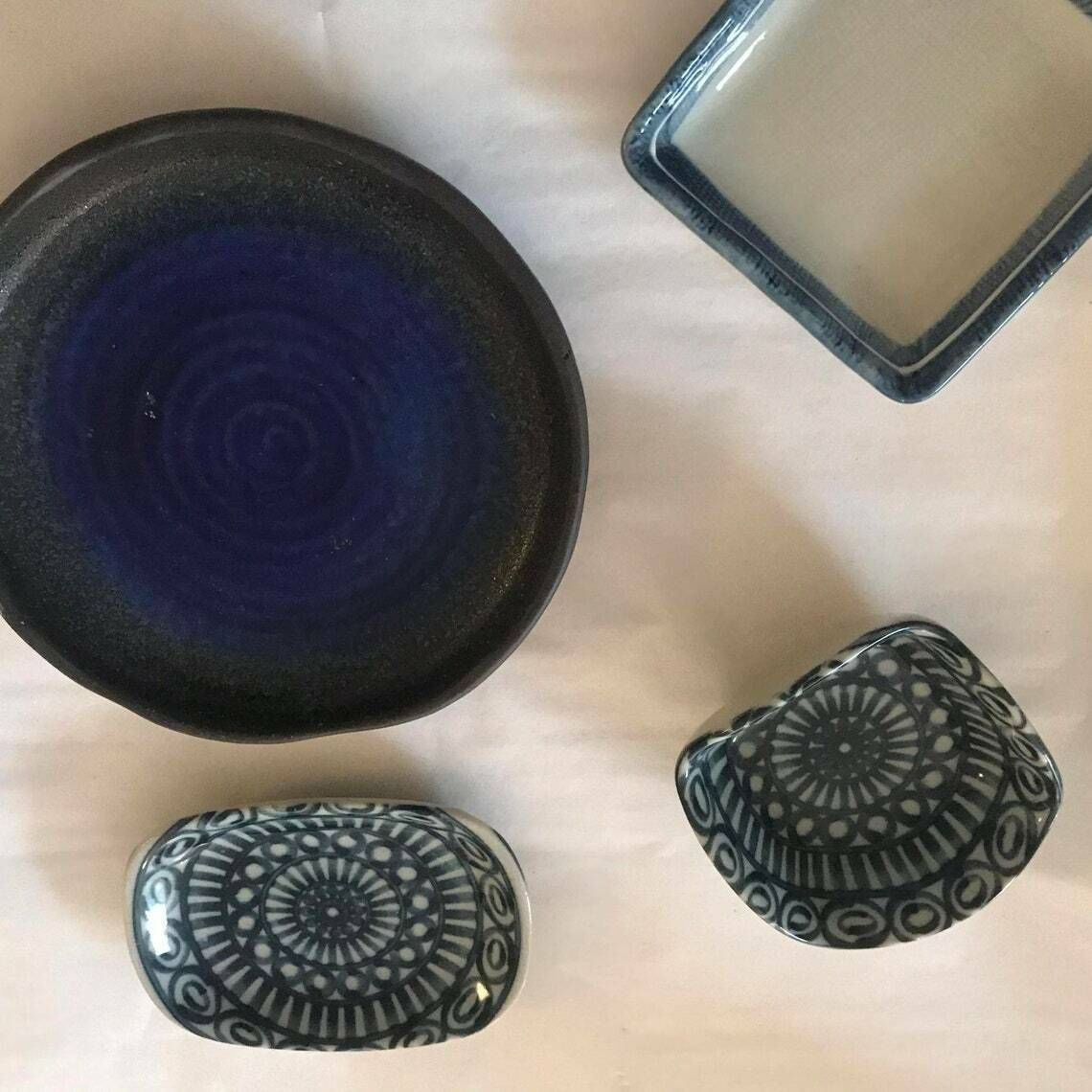 Japanese Bowls Plates Set Serving Sauce Dish, Dinner Sashimi Plate Asian Food Dish Blue Ceramic Porcelain Fish Serving Tray photo vinterior