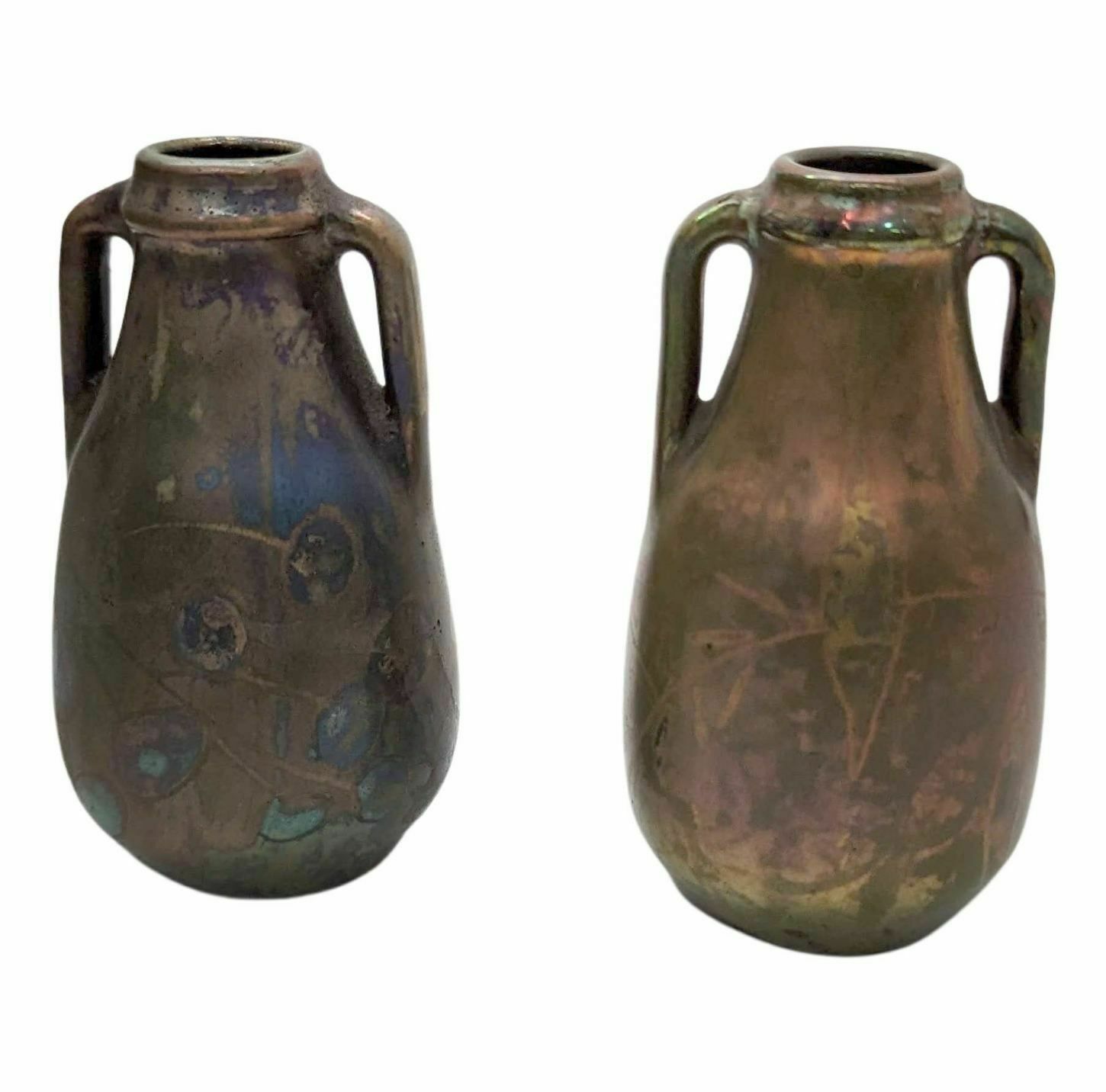 Pair Of Miniature Vases With Handle In Iridescent Earthenware Airebelle (Var)