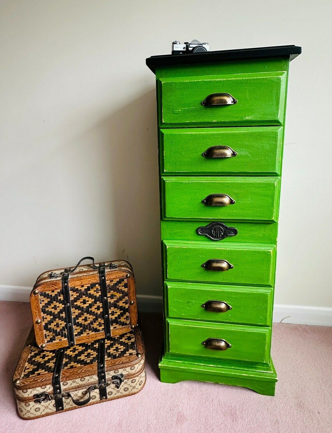 Emerald Green Tallboy – Upcycled Train Rail Railway photo Furniture