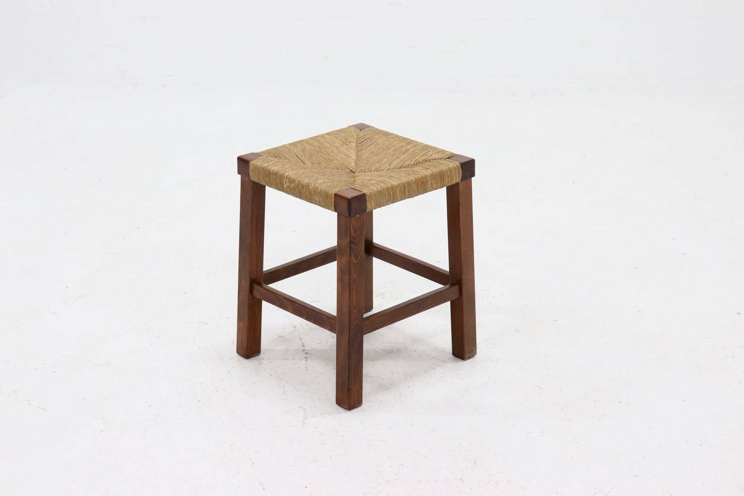 Oak And Rush Stool In Style Of Charlotte Perriand 1960s