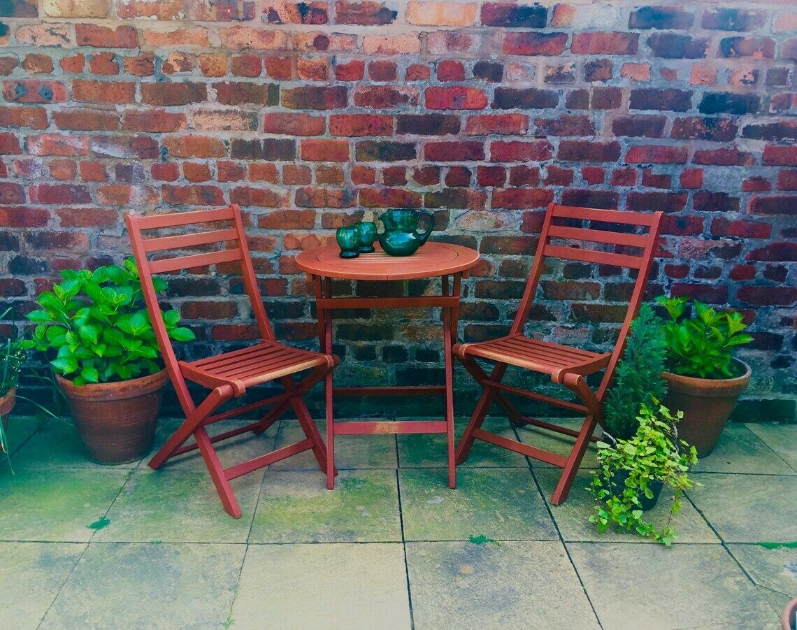 Wooden Garden Set.  Table And Two Chairs. Balcony Wooden Furniture Set.