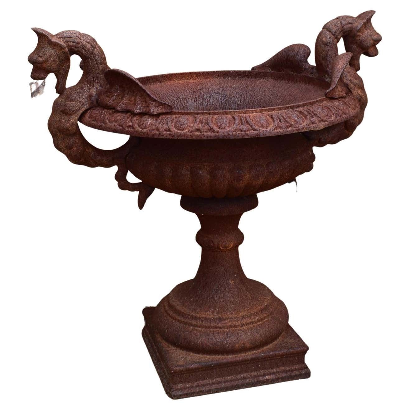 A French 19th Century Cast Iron Garden Urn With Dragon Handles