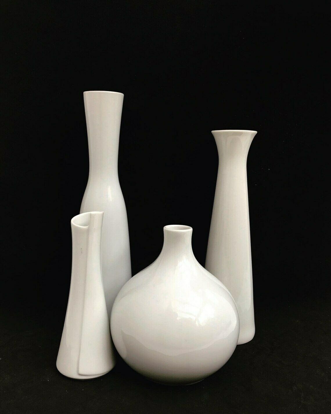 Set Of 4 White Vases Porcelain Scherzer, Edelstein Vase And 2 Arzberg Small Vases Op Art Mid Century Photography Prop Wedding Gift photo for sale