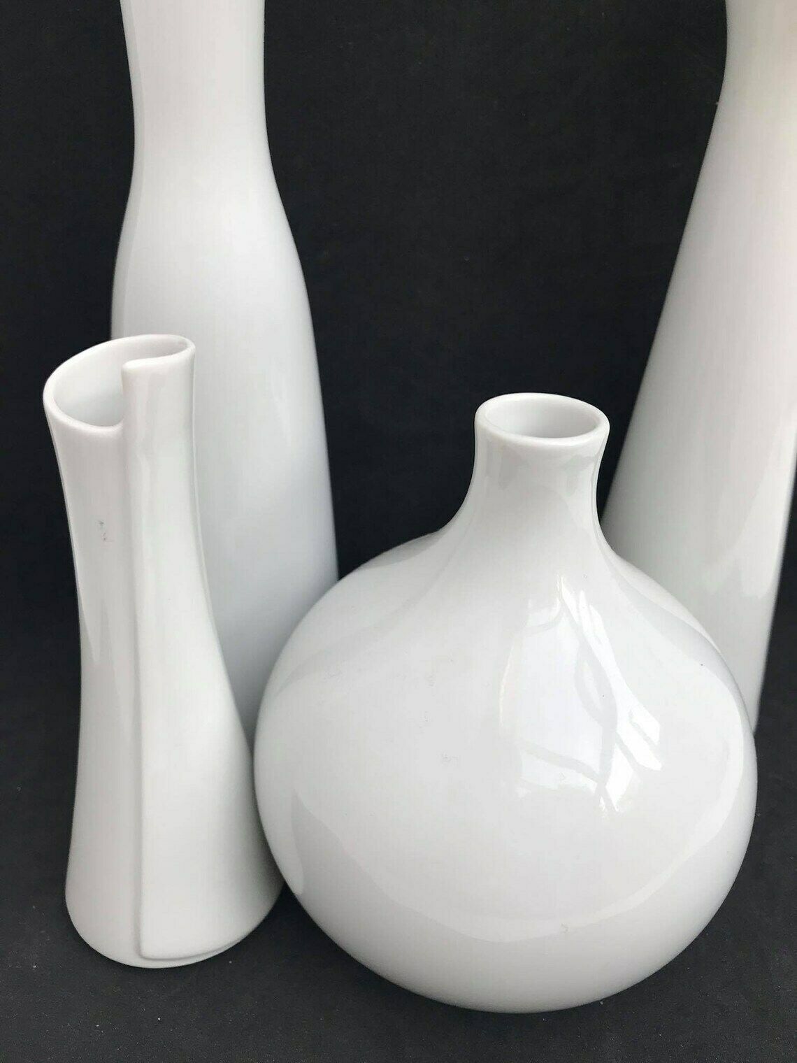 photo for sale Set Of 4 White Vases Porcelain Scherzer, Edelstein Vase And 2 Arzberg Small Vases Op Art Mid Century Photography Prop Wedding Gift