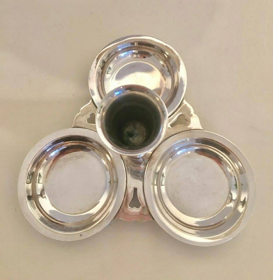 Tootshpicks Container Holder Spices Plates Art Krupp Berndorf, 1891 1927 Decorative Silver Plated Candlestick, With A Triple Condiment Bowl photo for sale