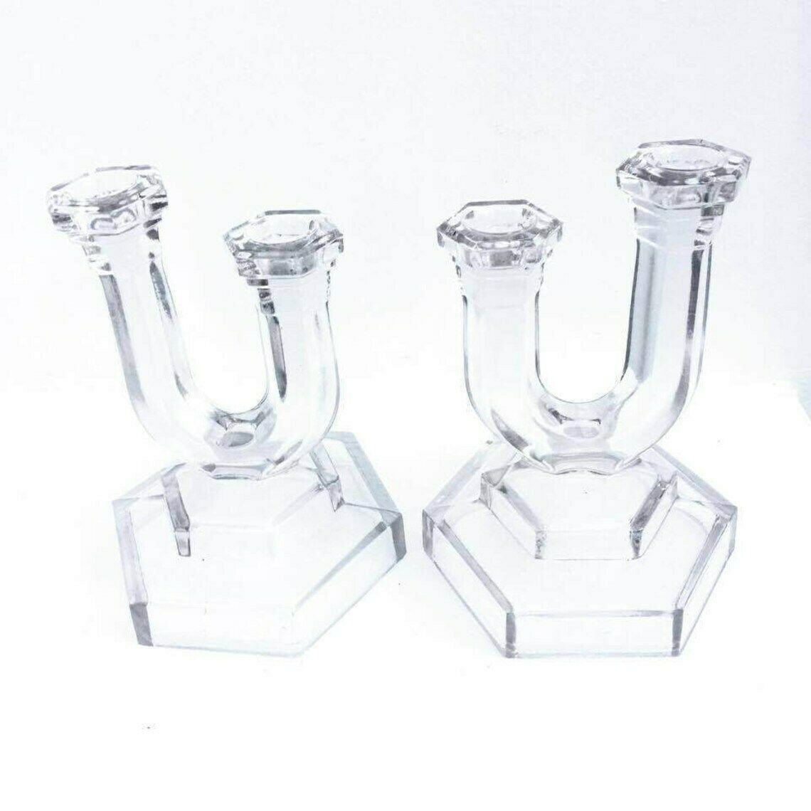 Candlestick Holders Art Deco Pair Of Vintage Pressed Glass 2 Arms Candelabra, Pair Candlestick Holder photo furniture