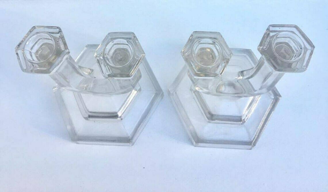 Candlestick Holders Art Deco Pair Of Vintage Pressed Glass 2 Arms Candelabra, Pair Candlestick Holder photo vinterior