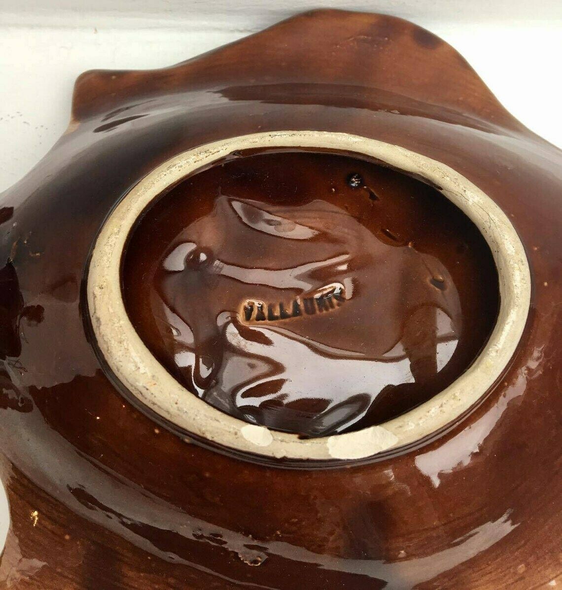 Vallauris Set 2 French Appetizer Plates, 1 Fish Shaped Ceramic Enamelled, 1 Pan Mid Century Vallauris Pottery Brown Red Pottery photo vintage