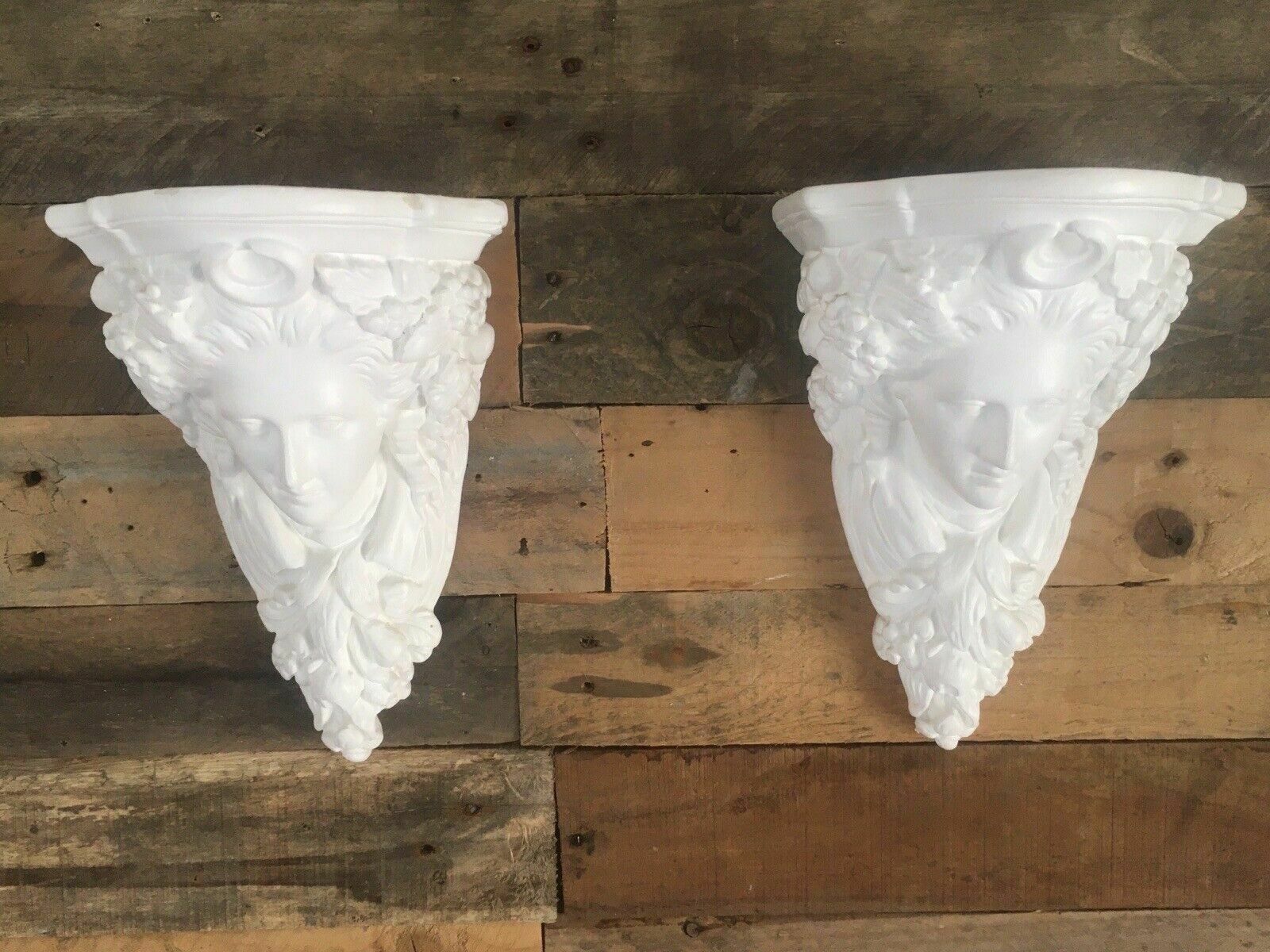 Pair Of Art Nouveau Style Chalkware Plaster Bust Head Wall Shelves Corbels photo 135.0