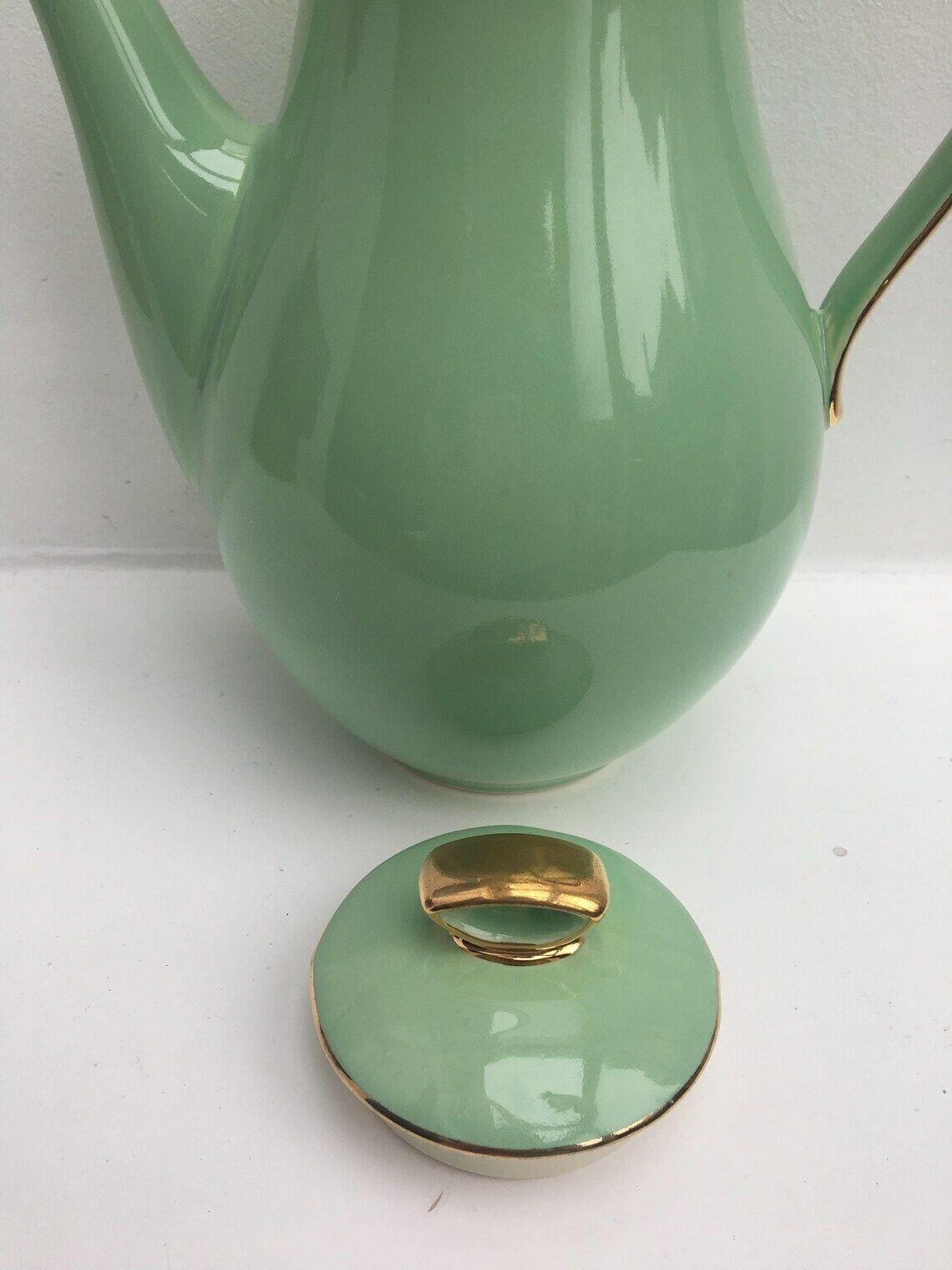 Cafetière vert pastel, anse dorée, théière Boch Frères Keralux Belgium Expo 58, vert menthe or 24 K Boch Seduction 1958 Belgian Pottery photo buy