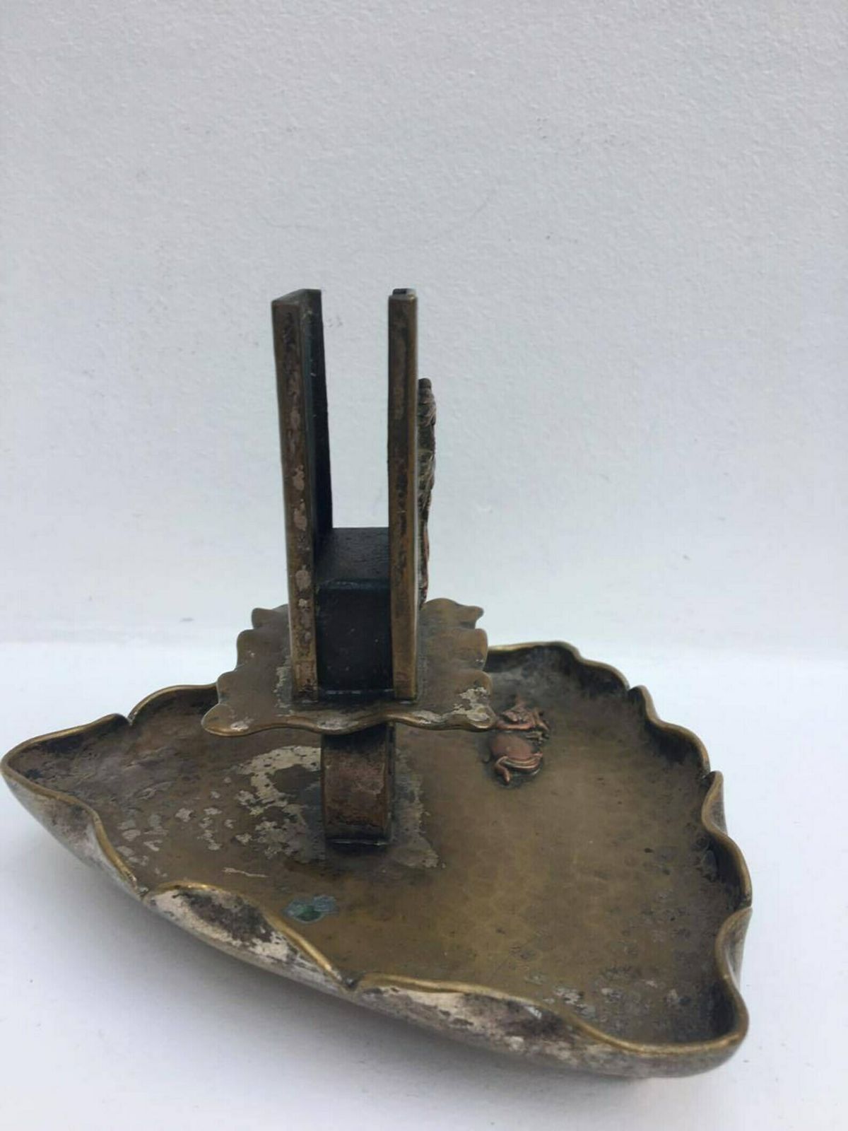 Antique Smoking Set ,Matches Box Holder In Bronze Hammered On Its Cup, Decorated With Magnificent Figures Of Flamenco And A Fish In Relief photo Home Decor