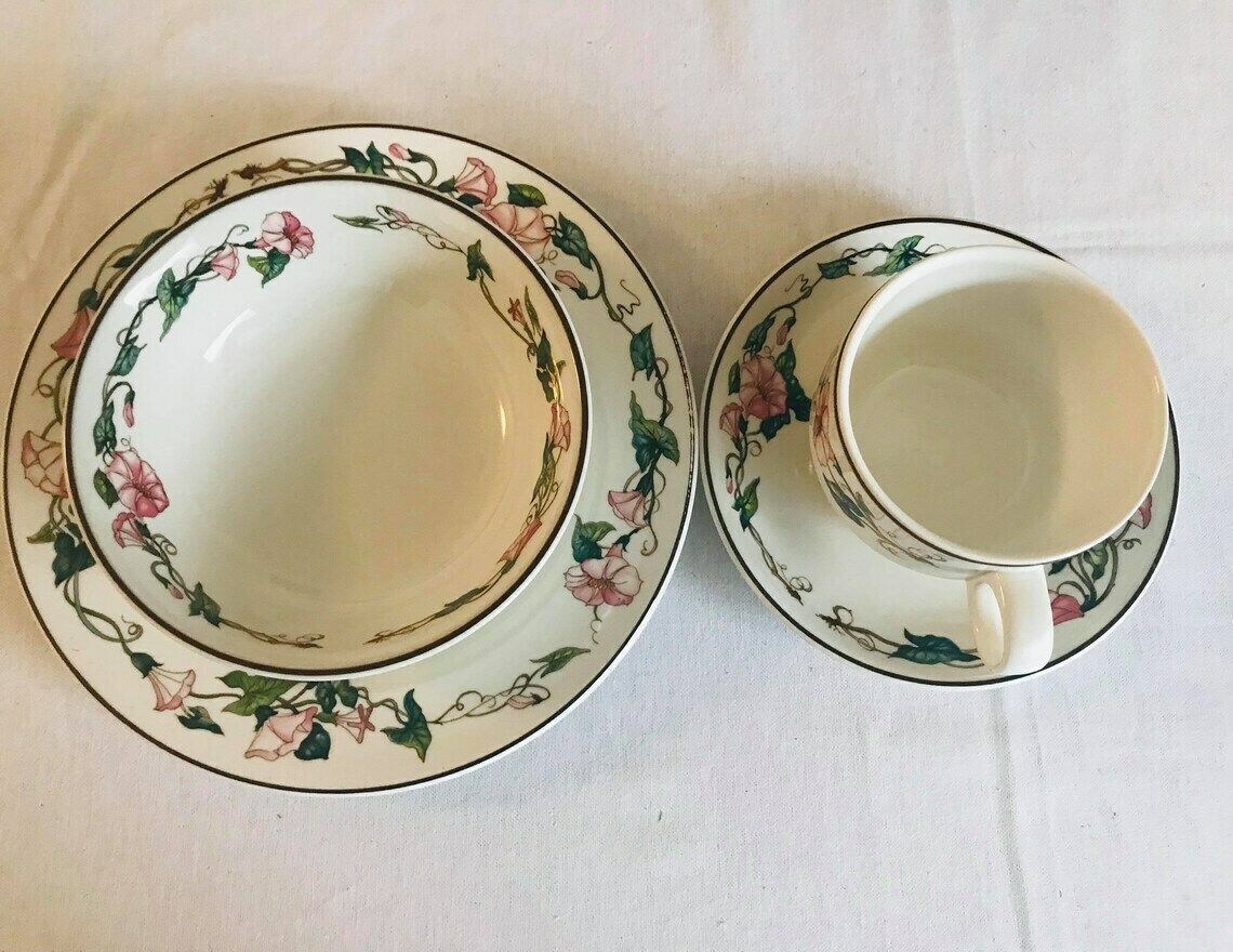 Home Decor Villeroy And Boch Palermo Breakfast Set 4 Pieces For One Set Complete Cup Saucer Plate Cereal Bowl Pink Morning Glory Border Brown Trim photo