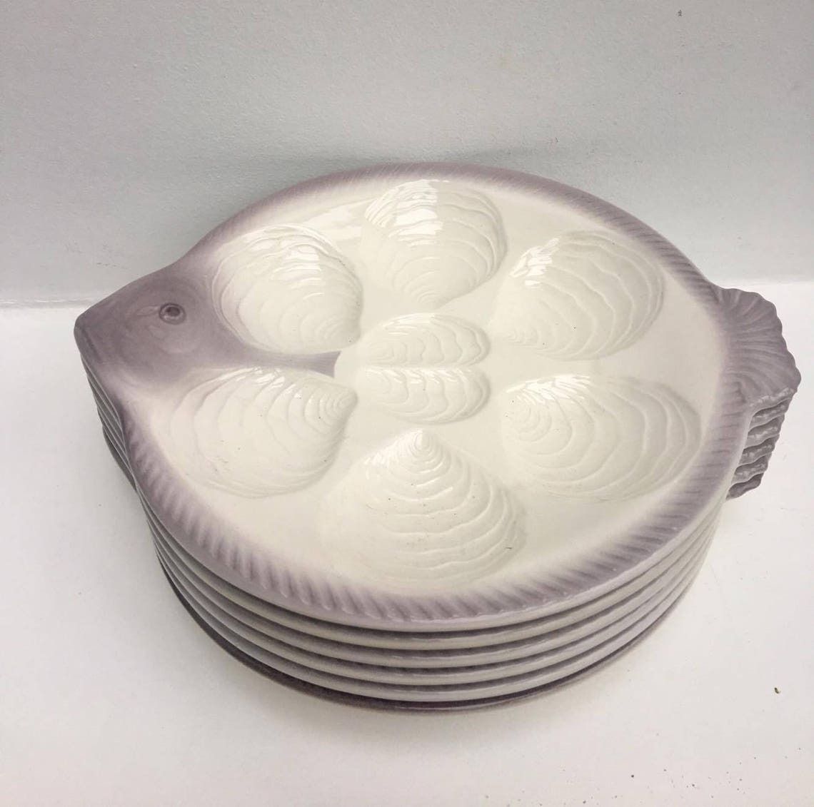6 Oyster Plates Fish Shaped Plate Vintage West Germany, Waechtersbach Pottery, Fish Plates, Grey Hand Painted, Seafood Beach 6 Oyster Forks photo vintage
