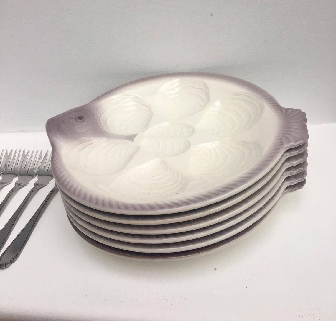 photo furniture 6 Oyster Plates Fish Shaped Plate Vintage West Germany, Waechtersbach Pottery, Fish Plates, Grey Hand Painted, Seafood Beach 6 Oyster Forks