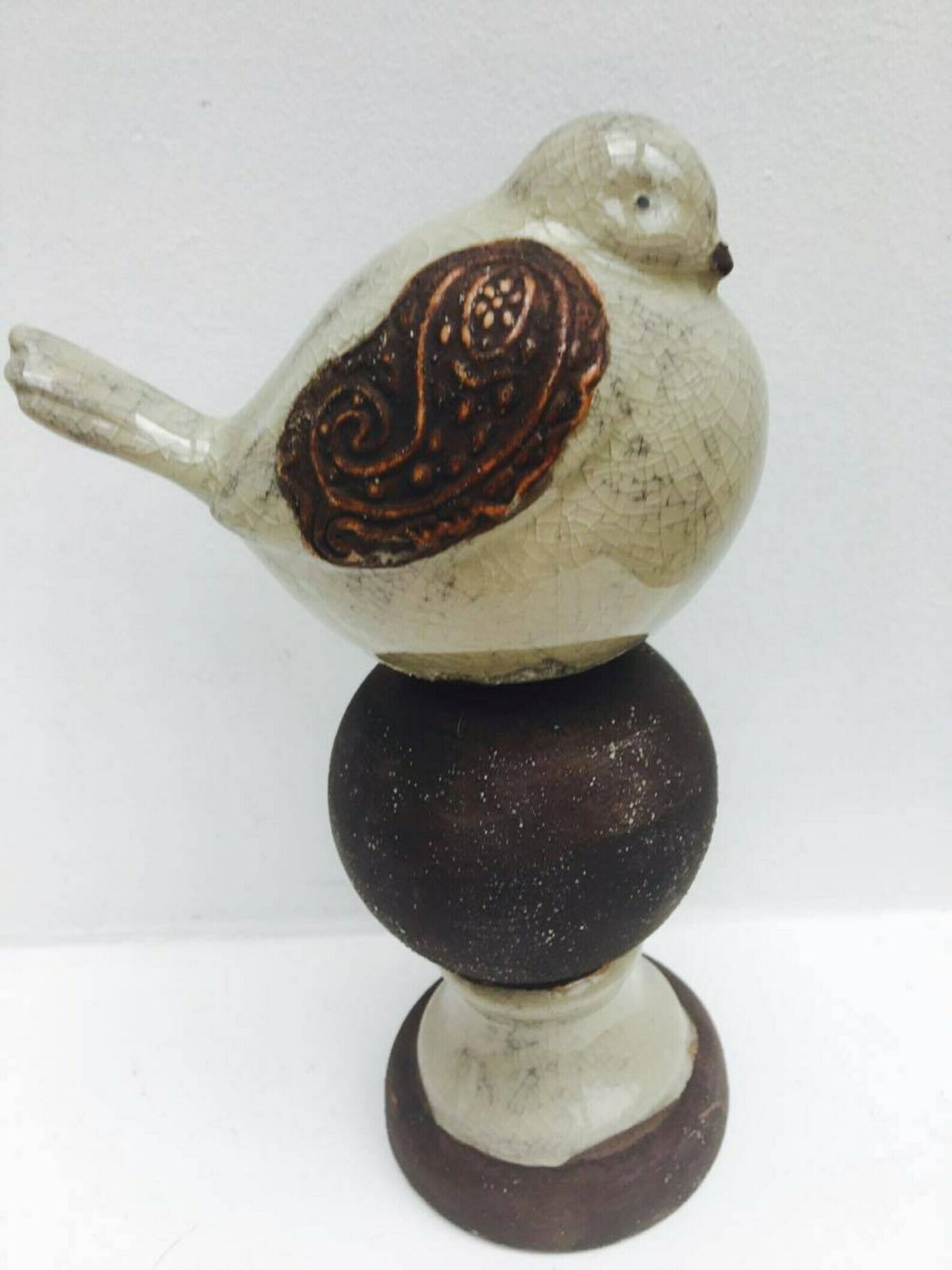 Bird Figurine Vintage Ceramic Raku Bird On A Sphere, Thanksgiving Table, Figurine, Mid Century Hand Painted Crackle Glaze Thanksgiving Table photo 131.0