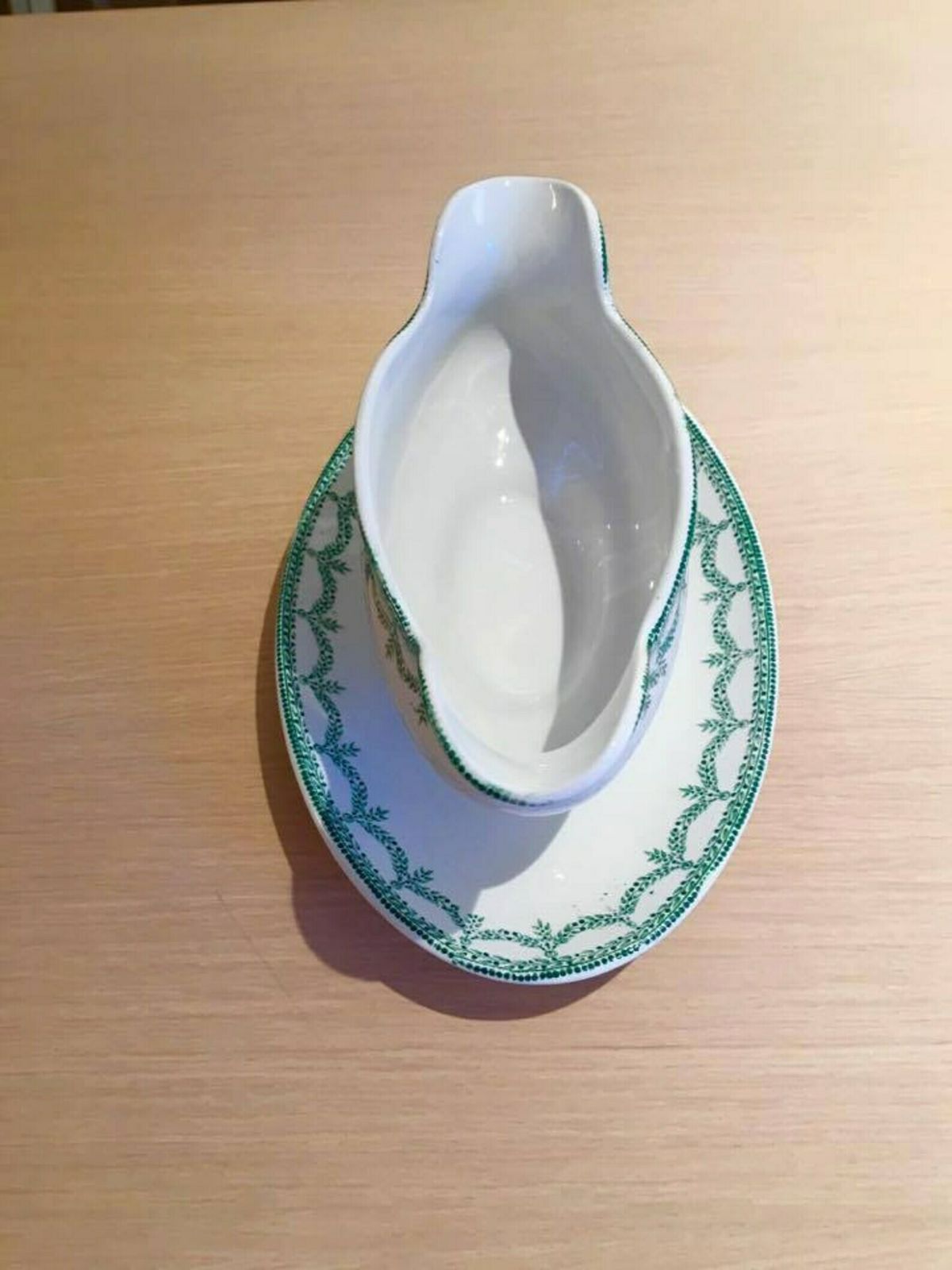 Gravy Boat, Sauce Boat Vintage, Large With Dish, White Porcelain Green Guard. Made In France Wedding Gift, Dinner Table, Green And White photo buy