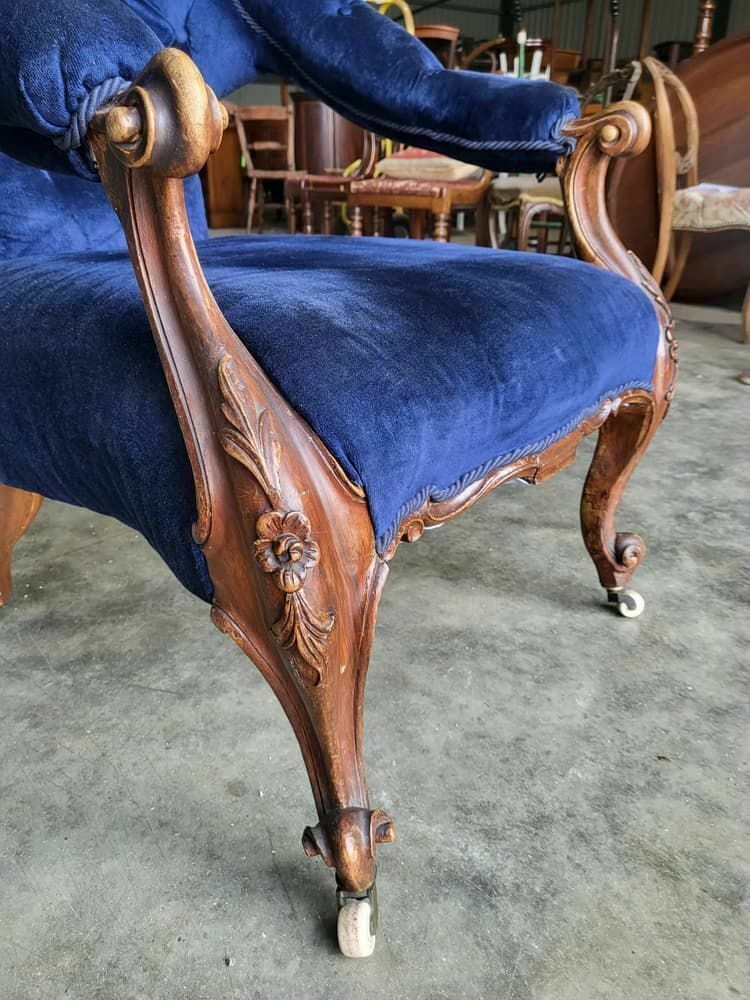 Antique Victorian Curved Button Back Blue Armchair Carved Cabriole Legs Castors photo furniture