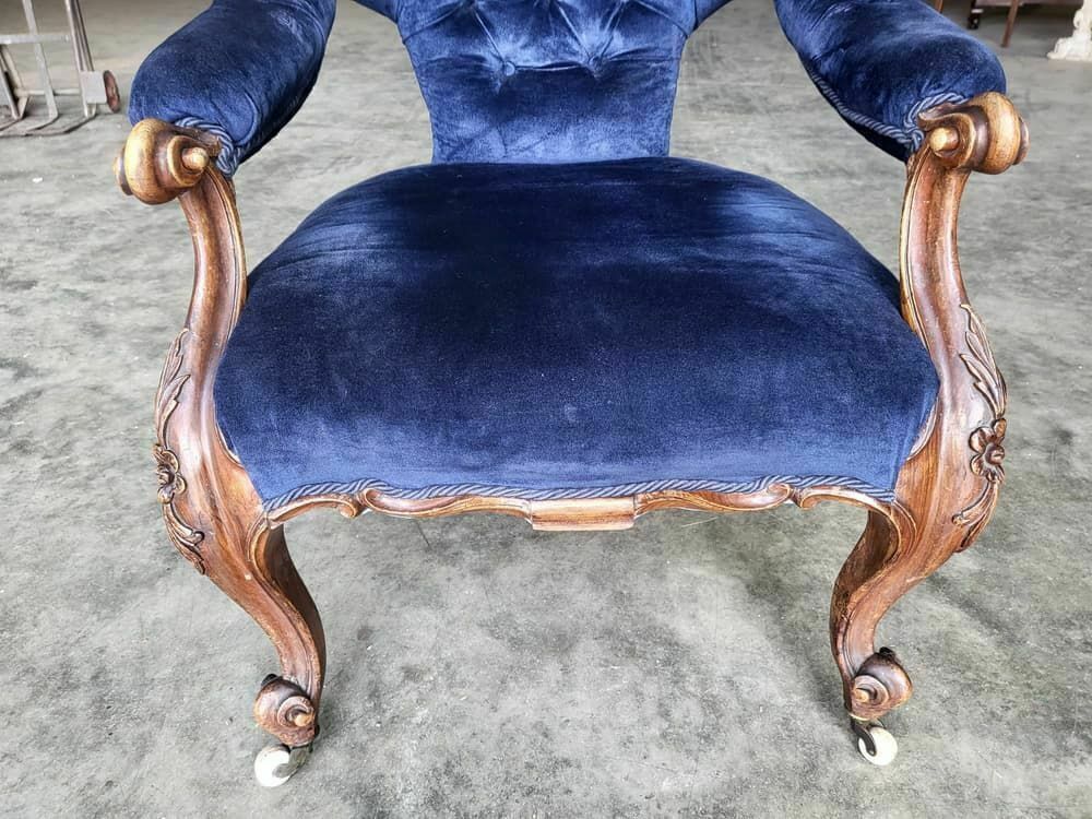 Antique Victorian Curved Button Back Blue Armchair Carved Cabriole Legs Castors photo for sale