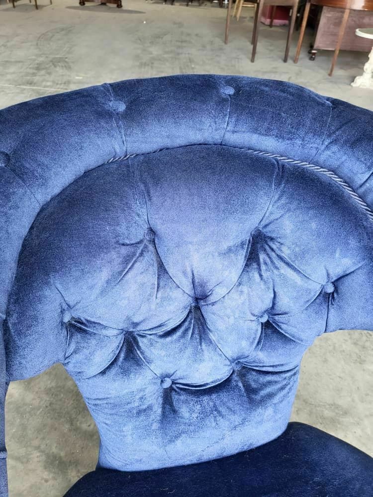 Antique Victorian Curved Button Back Blue Armchair Carved Cabriole Legs Castors photo vinterior