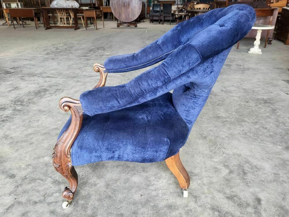 Antique Victorian Curved Button Back Blue Armchair Carved Cabriole Legs Castors photo buy