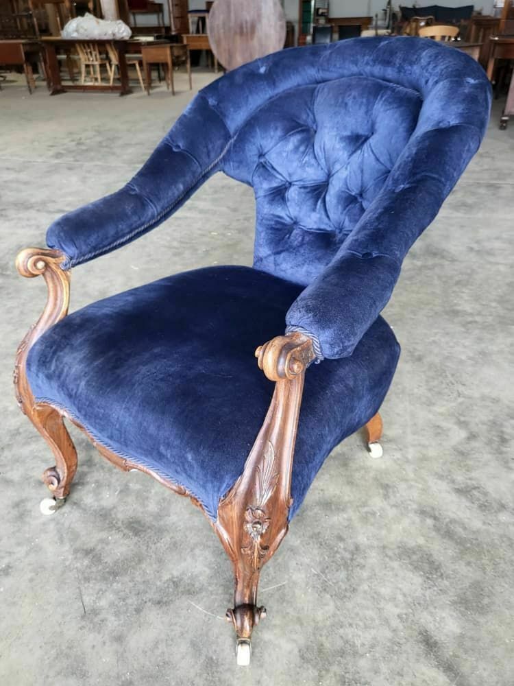 photo furniture Antique Victorian Curved Button Back Blue Armchair Carved Cabriole Legs Castors