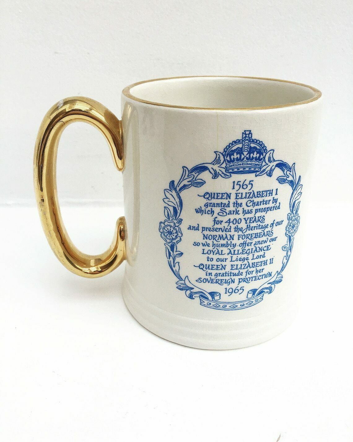 Queen Elizabeth II Large Mug Royal Monarch Commemorative Tankard Antiques 1565 1965 Queen Elisabeth Ceramic Stein Beer Mug Gold Handle photo for sale
