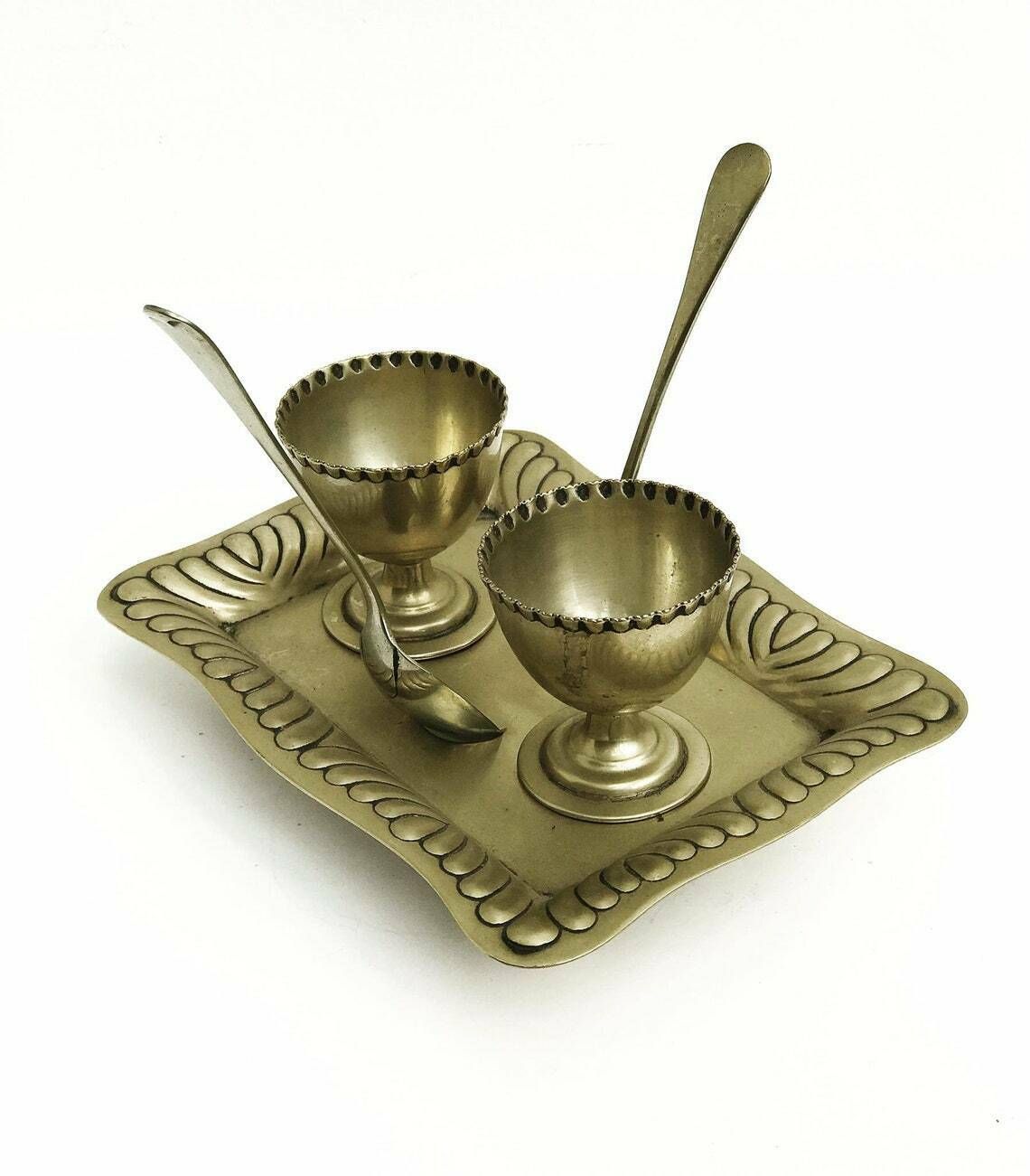 Antiek Eierdopjesset Art Deco Ontbijtset Verzilverd Epns 2 Eierdopjes Lepels Cruetset Met Standaard Huwelijkscadeau