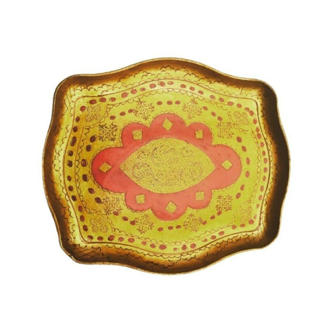 Florentijns Gouden Dienblad – Rood En Verguld | Italiaans Plateau Uit De Jaren 1960 | Handgemaakt Hout Met Antiek Geschilderd Decor | Florentijnse Stijl