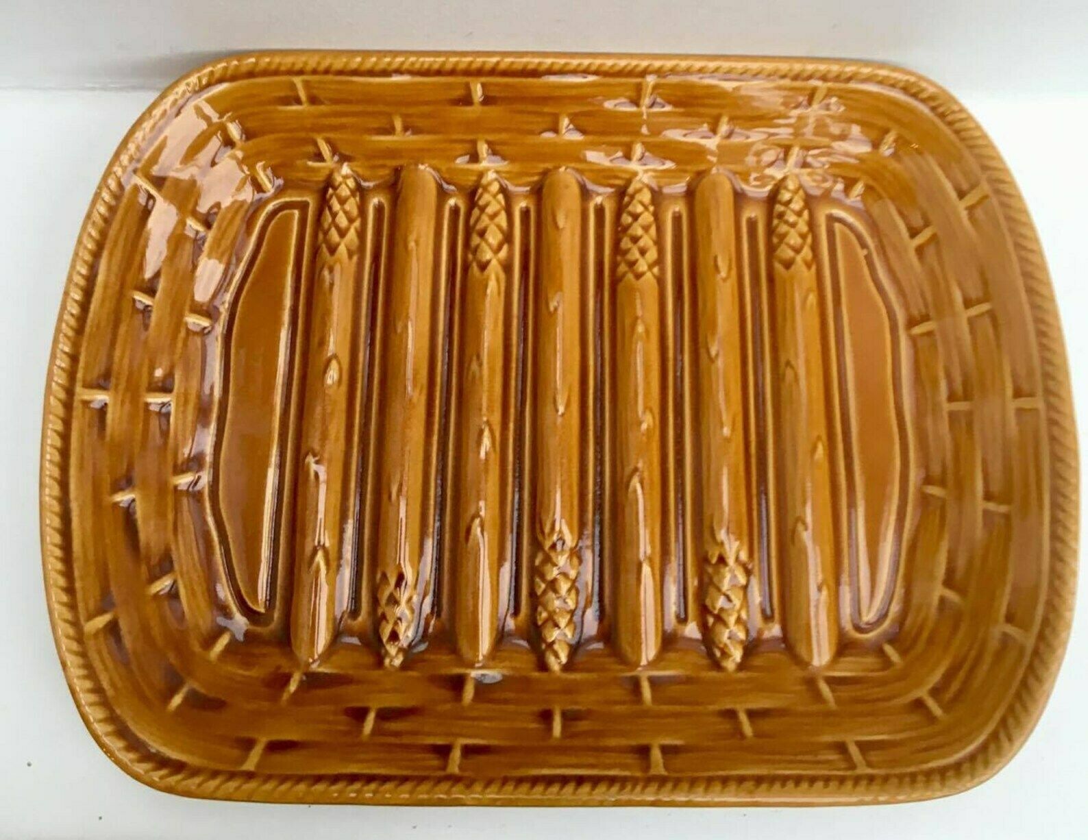 Asparagus Plate, Majolica Platter Brown Vintage Extra Large French Pottery 1960s,Ceramic Glazed Rectangular Barbotine, Asparagus Mcm photo for sale