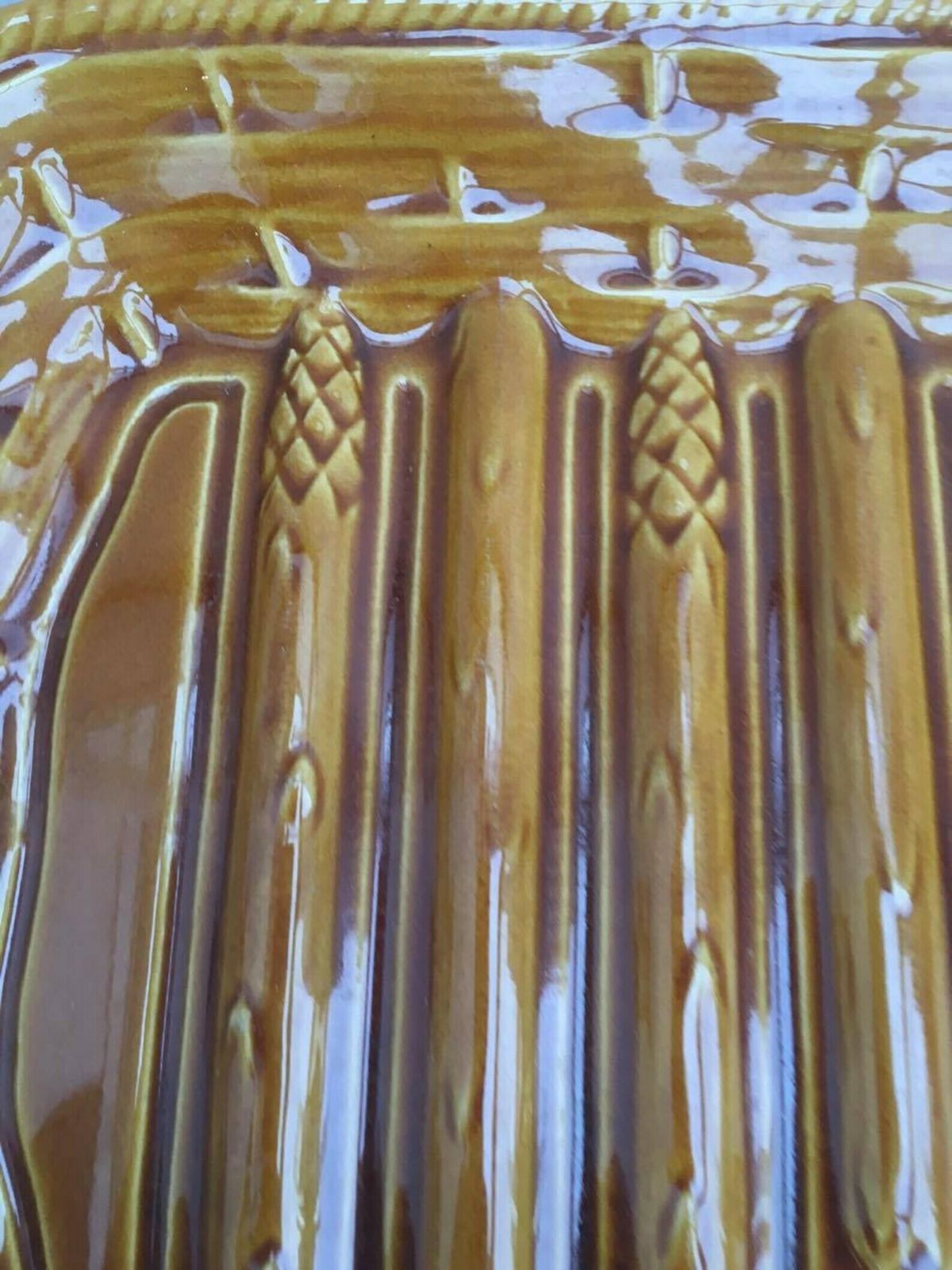 photo furniture Asparagus Plate, Majolica Platter Brown Vintage Extra Large French Pottery 1960s,Ceramic Glazed Rectangular Barbotine, Asparagus Mcm